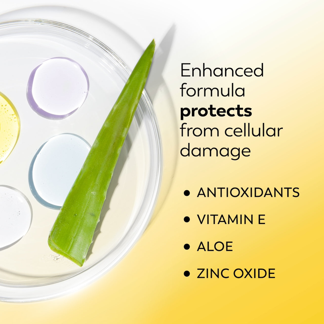 Ingredients with Aloe leaf. Enhanced formula protects from cellular damage. Antioxidants, vitamin e, aloe, zinc oxide. Ingredients with Aloe leaf. Enhanced formula protects from cellular damage. Antioxidants, vitamin e, aloe, zinc oxide.