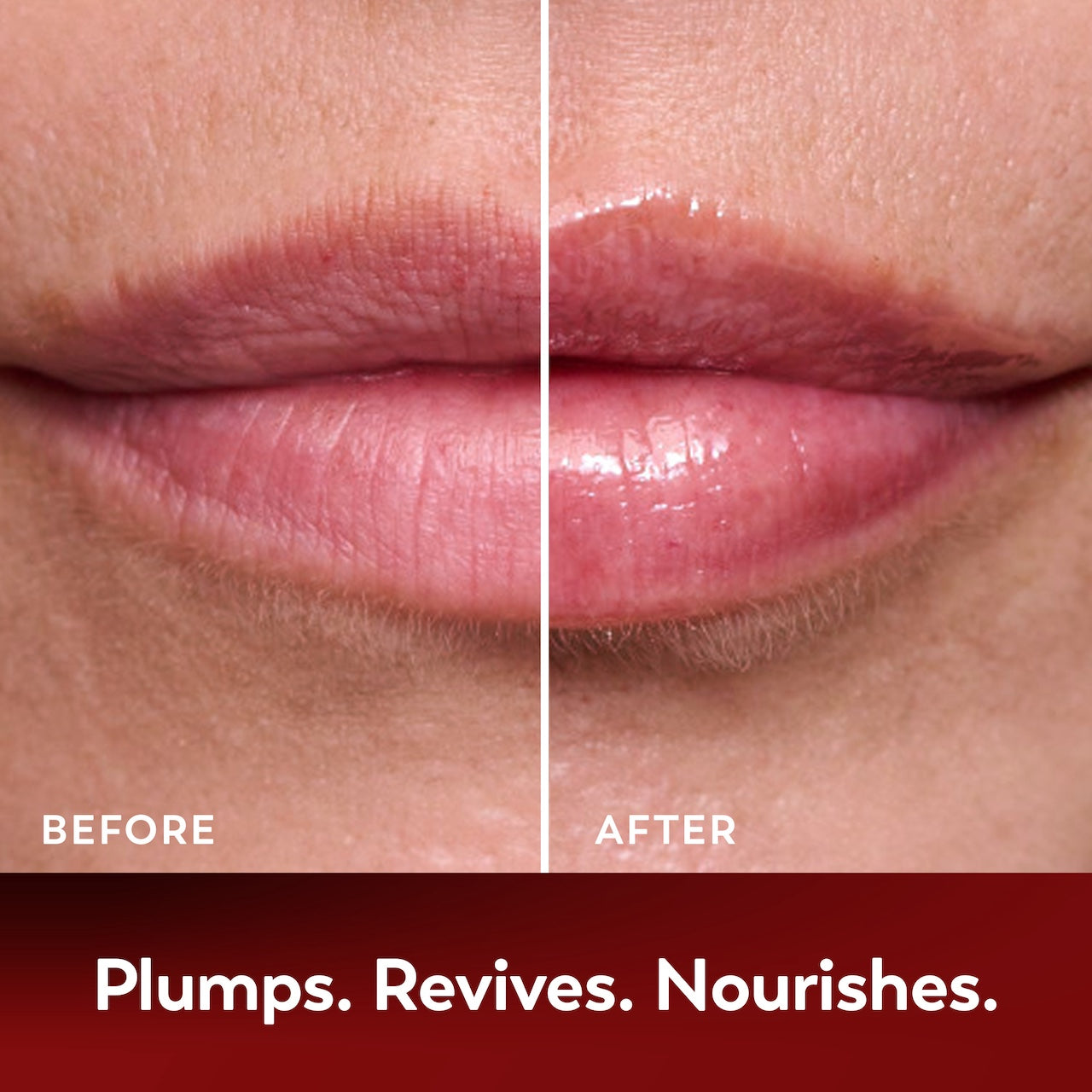 Side by side image showing before and after applying Regenerist Lip Plumping Treatment. Plumps, revives, nourishes Side by side image showing before and after applying Regenerist Lip Plumping Treatment. Plumps, revives, nourishes