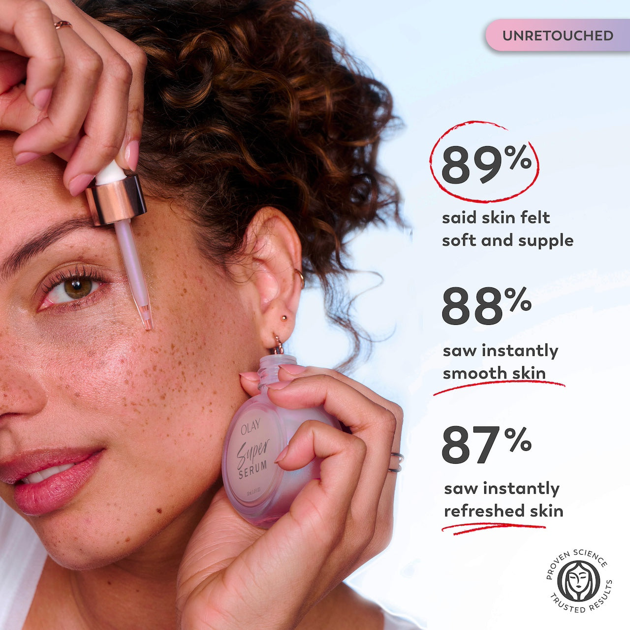 Model applying serum to face with dropper. 89% said skin felt soft and supple. 88% saw instantly smooth skin. 87% saw instantly refreshed skin. Model applying serum to face with dropper. 89% said skin felt soft and supple. 88% saw instantly smooth skin. 87% saw instantly refreshed skin.