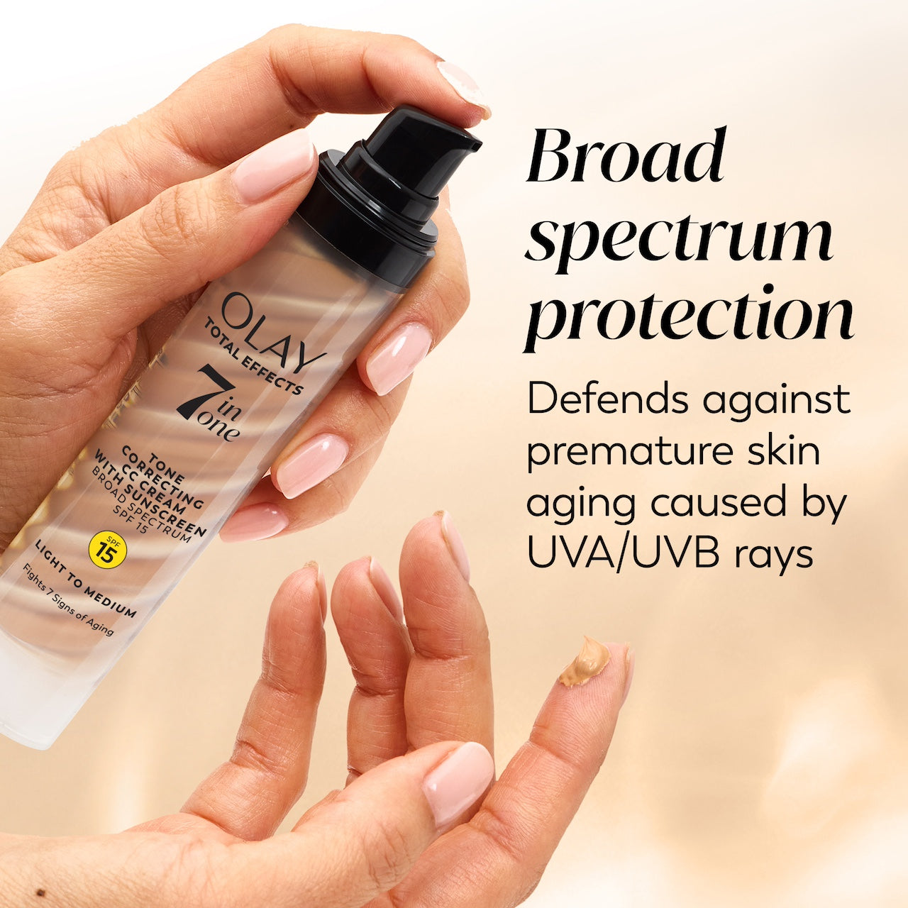 Total Effects 7 In One CC Tone Correcting Moisturizer SPF 15 applying cream to finger. Broad spectrum protection. Defends against premature skin aging caused by UVA/UVB rays. Total Effects 7 In One CC Tone Correcting Moisturizer SPF 15 applying cream to finger. Broad spectrum protection. Defends against premature skin aging caused by UVA/UVB rays.