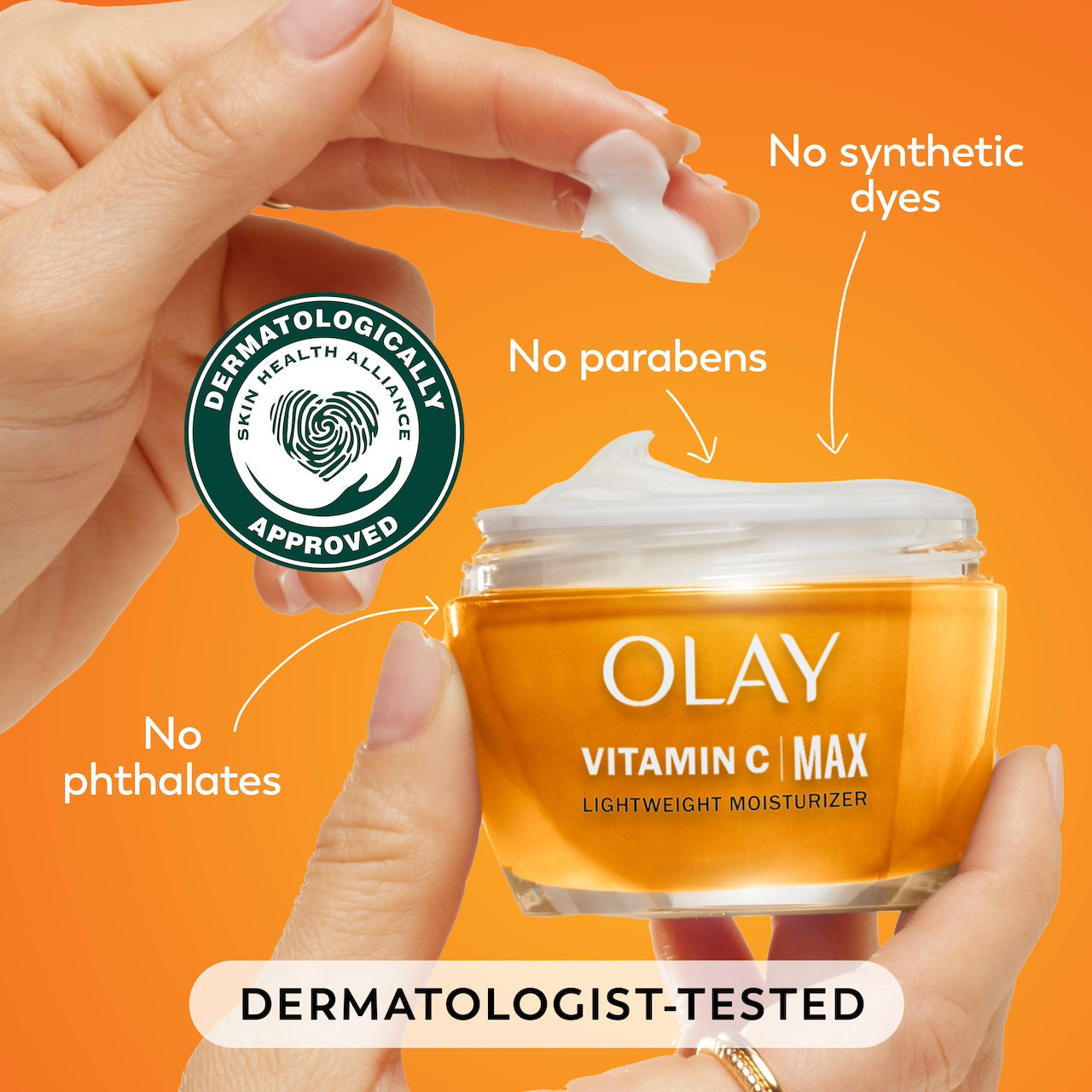 Model dipping fingers in Vitamin C MAX Lightweight Hydrating Moisturizer jar. No synthetic dyes. No parabens. No phthalates. Dermatologist tested. Dermatologically approved. Model dipping fingers in Vitamin C MAX Lightweight Hydrating Moisturizer jar. No synthetic dyes. No parabens. No phthalates. Dermatologist tested. Dermatologically approved.