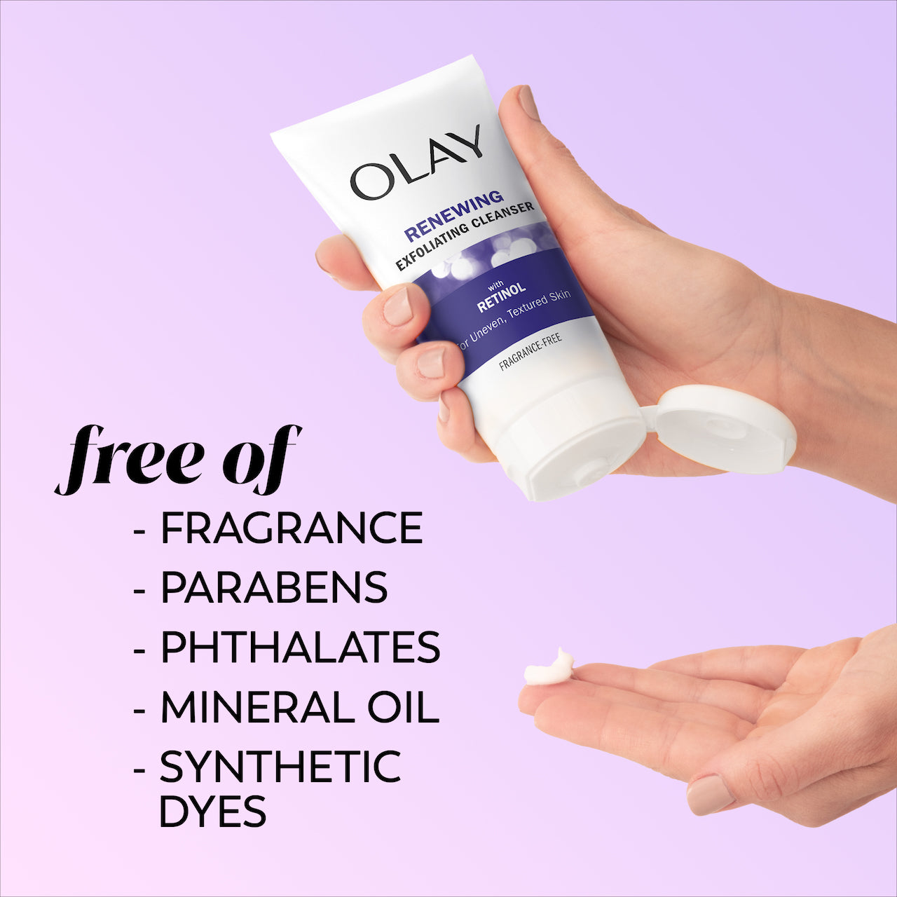 Model holding Retinol24 Skin Renewing Cleanser bottle in hand squeezing cleanser on to fingers. Free of fragrance, parabens, phthalates, mineral oil, synthetic dyes Model holding Retinol24 Skin Renewing Cleanser bottle in hand squeezing cleanser on to fingers. Free of fragrance, parabens, phthalates, mineral oil, synthetic dyes