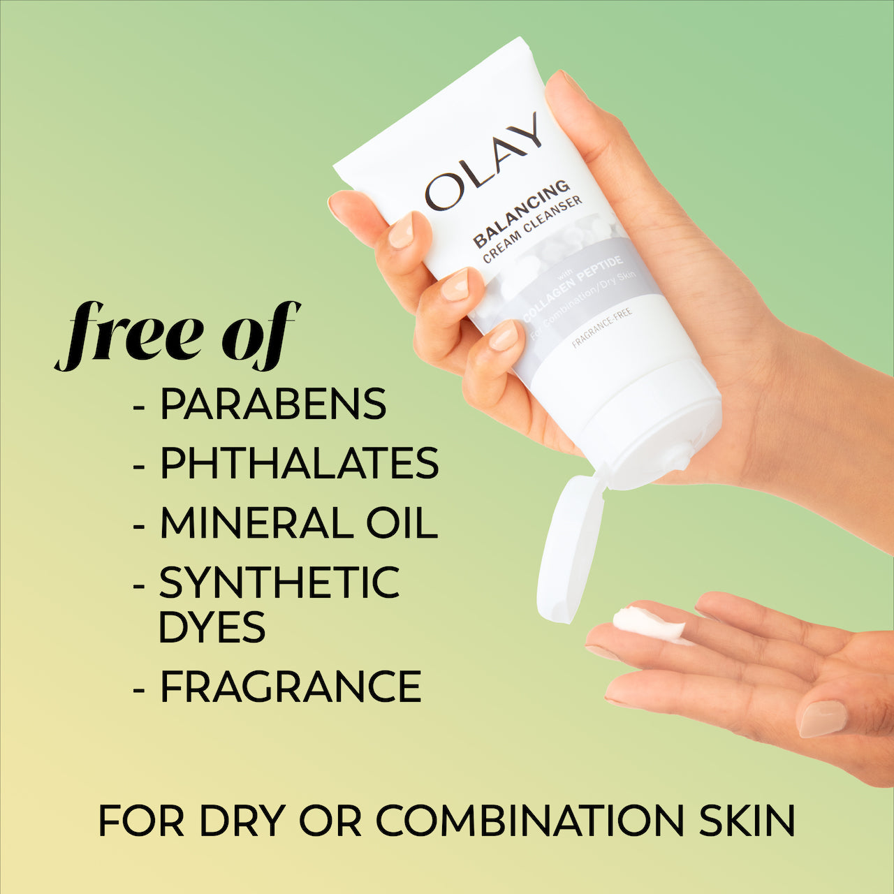 Model applying cleanser to hand from bottle. Free of parabens, phthalates, mineral oil, synthetic dyes, fragrance, for dry or combination skin Model applying cleanser to hand from bottle. Free of parabens, phthalates, mineral oil, synthetic dyes, fragrance, for dry or combination skin