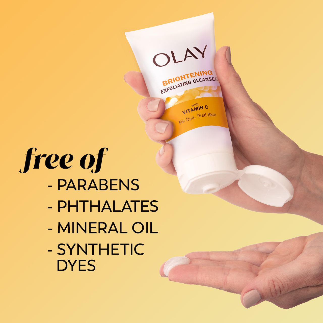 Vitamin C Brightening Cleanser bottle in hand squeezing cleanser onto fingers. Free of parabens, phthalates, mineral oil, synthetic dyes. Vitamin C Brightening Cleanser bottle in hand squeezing cleanser onto fingers. Free of parabens, phthalates, mineral oil, synthetic dyes.