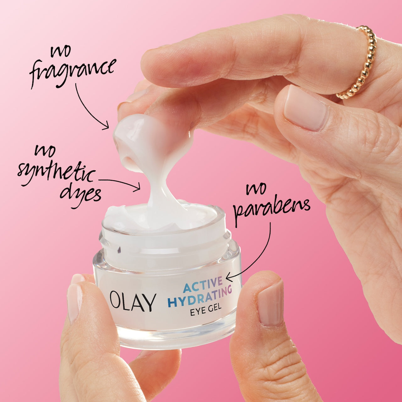 Model dipping fingers into Olay Active Hydrating Eye Cream. No fragrance, no synthetic dyes, no prarbens Model dipping fingers into Olay Active Hydrating Eye Cream. No fragrance, no synthetic dyes, no prarbens
