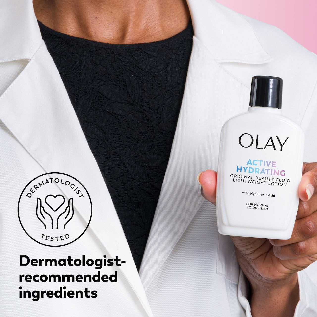 Person holding an Olay Active Hydrating bottle with a dermatologist-tested logo. Person holding an Olay Active Hydrating bottle with a dermatologist-tested logo.