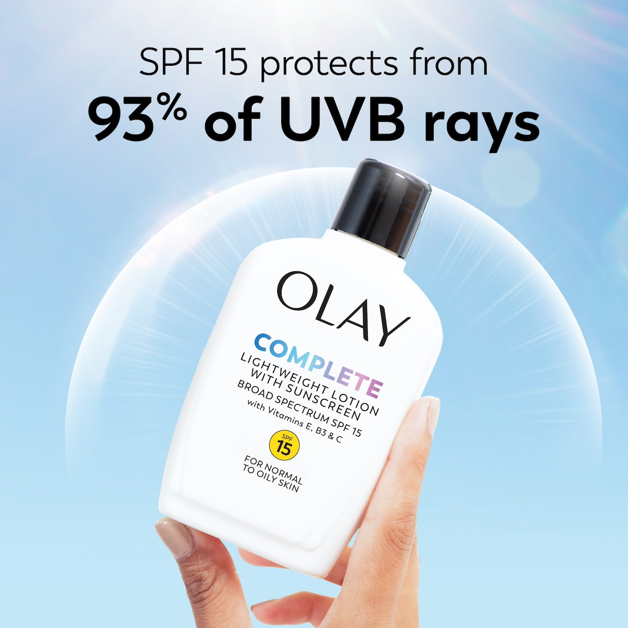 Olay Complete Lotion Moisturizer with SPF 15 Normal bottle in hand. SPF 15 protects from 93% of UVB rays. Olay Complete Lotion Moisturizer with SPF 15 Normal bottle in hand. SPF 15 protects from 93% of UVB rays.