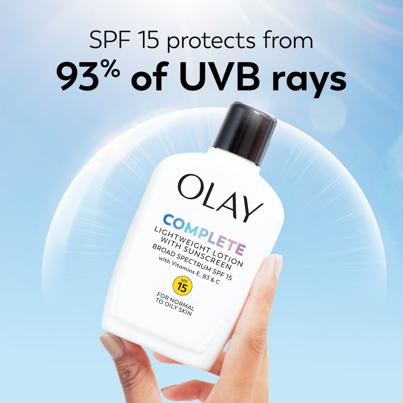 Olay Complete Lotion Moisturizer with SPF 15 Normal bottle in hand. SPF 15 protects from 93% of UVB rays. Olay Complete Lotion Moisturizer with SPF 15 Normal bottle in hand. SPF 15 protects from 93% of UVB rays.