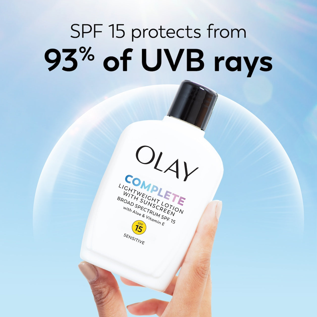 Olay Complete Lotion Moisturizer with SPF 15 Sensitive bottle. SPF 15 protects from 93% of UVB rays. Olay Complete Lotion Moisturizer with SPF 15 Sensitive bottle. SPF 15 protects from 93% of UVB rays.