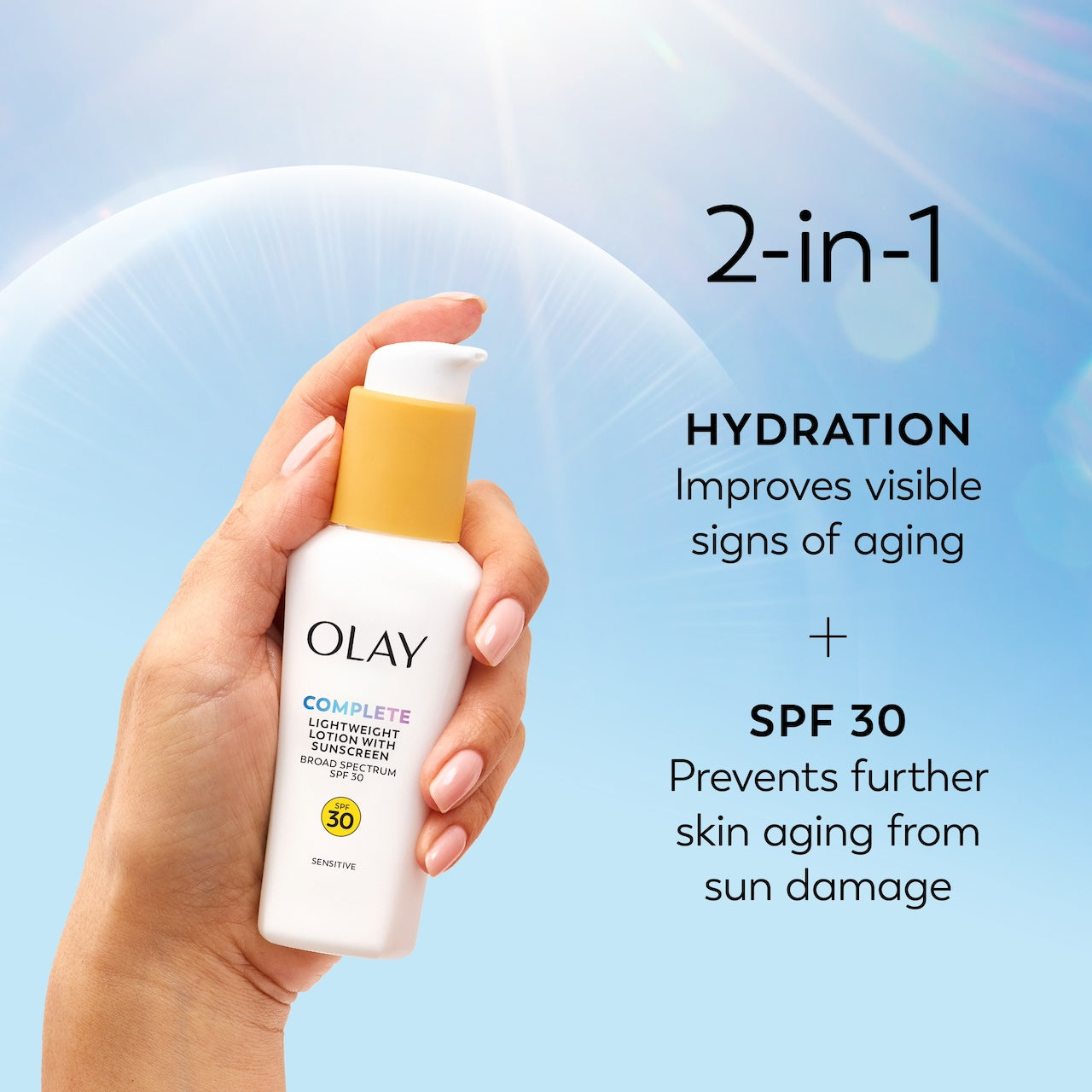 Model holding Olay Complete Lotion Moisturizer with SPF 30 Sensitive in hand. 2 in 1 hydration improves visible signs of aging. SPF 30 prevents further skin aging from sun damage. Model holding Olay Complete Lotion Moisturizer with SPF 30 Sensitive in hand. 2 in 1 hydration improves visible signs of aging. SPF 30 prevents further skin aging from sun damage.
