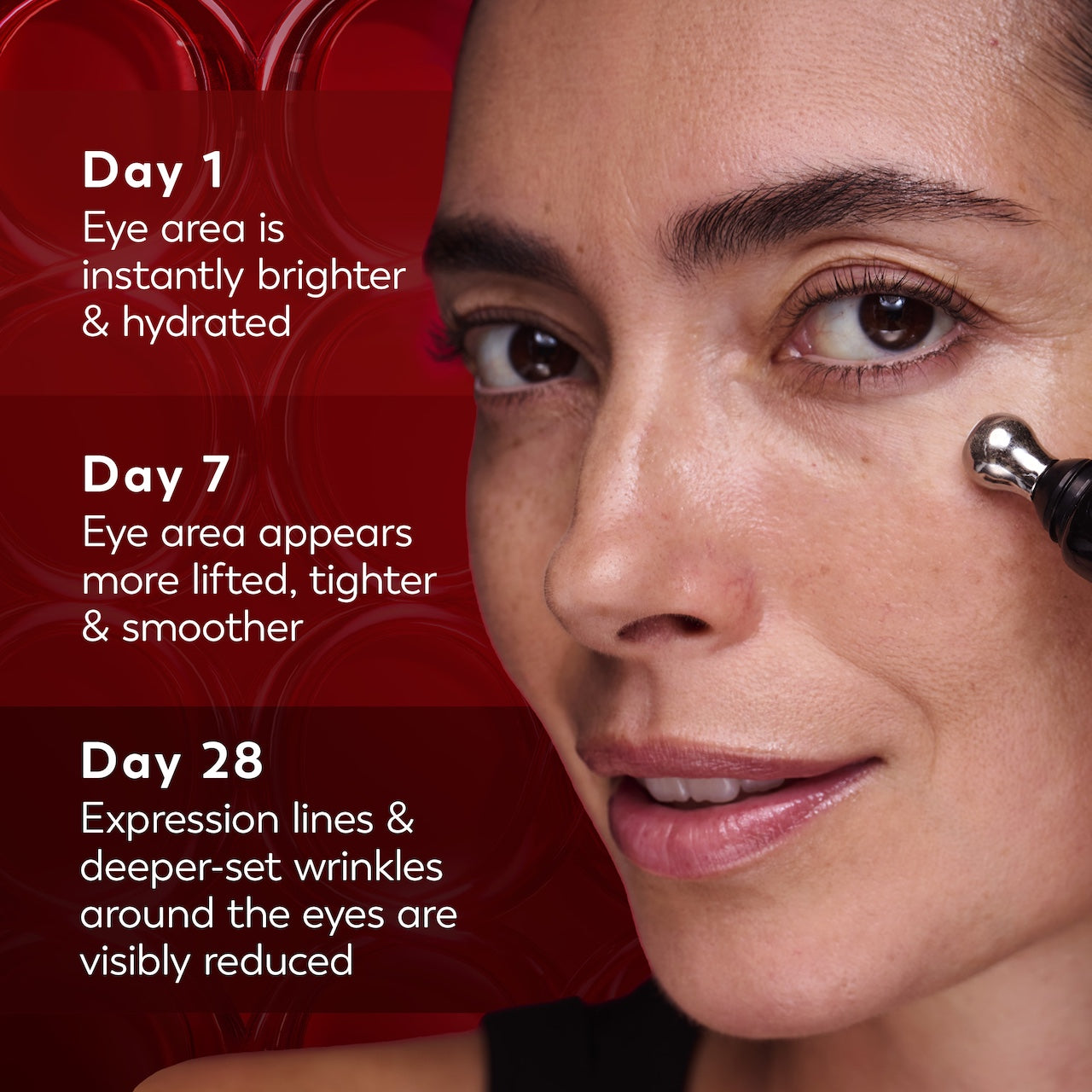 Model posing using Regenerist Eye Wrinkle Correcting Treatment on face. Day 1 eye area is instantly brighter and hydrated. Day 7 eye area appears more lifted, tighter and smoother. Day 28 expression lines and deeper set wrinkles around the eyes are visibly reduced. Model posing using Regenerist Eye Wrinkle Correcting Treatment on face. Day 1 eye area is instantly brighter and hydrated. Day 7 eye area appears more lifted, tighter and smoother. Day 28 expression lines and deeper set wrinkles around the eyes are visibly reduced.