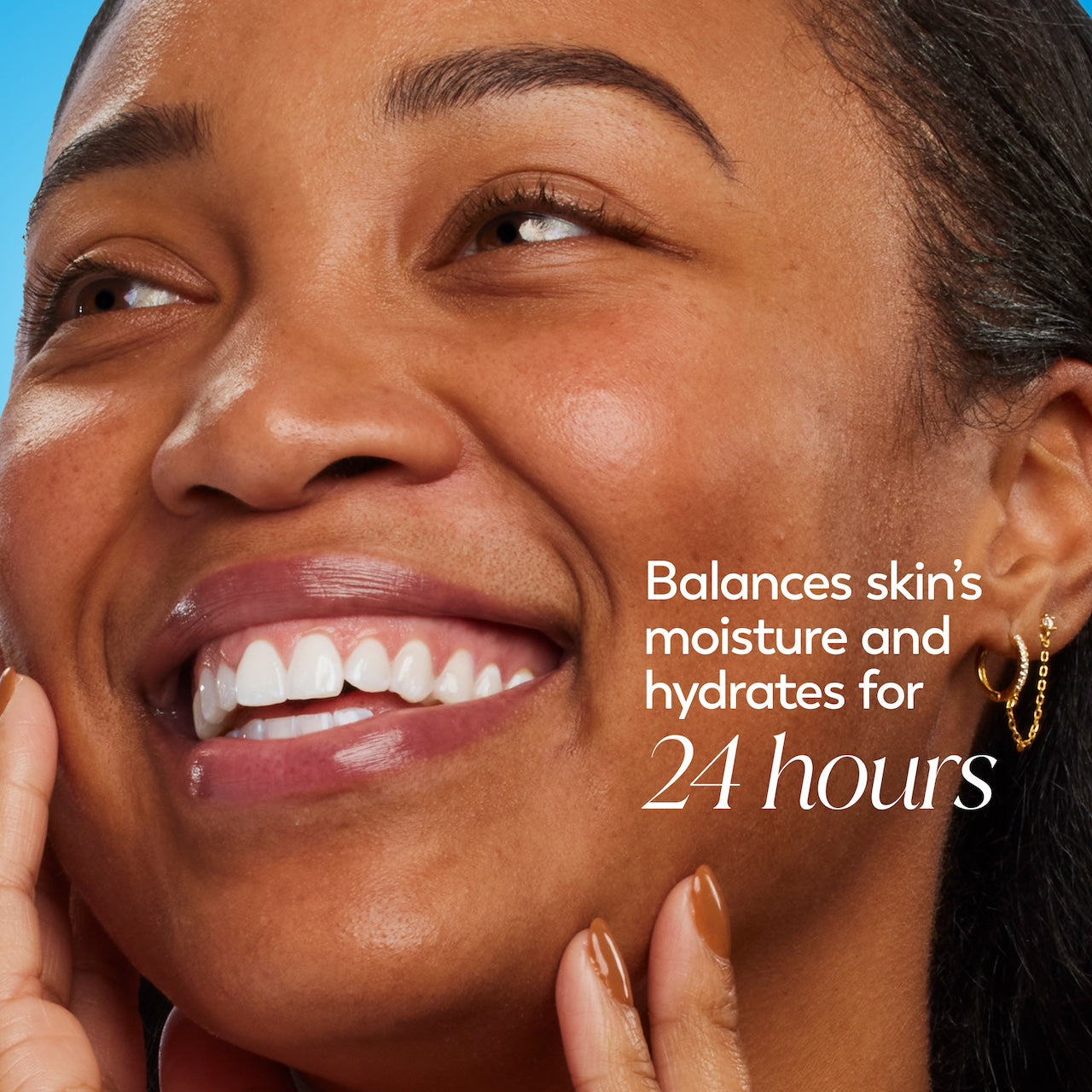 Model posing and smiling. Balances skin's moisture and hydrates for 24 hours Model posing and smiling. Balances skin's moisture and hydrates for 24 hours