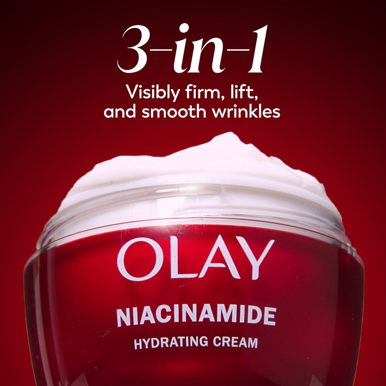 Olay Niacinamide Hydrating Cream jar. 3 in 1. Visibly firm, lift, and smooth wrinkles Olay Niacinamide Hydrating Cream jar. 3 in 1. Visibly firm, lift, and smooth wrinkles