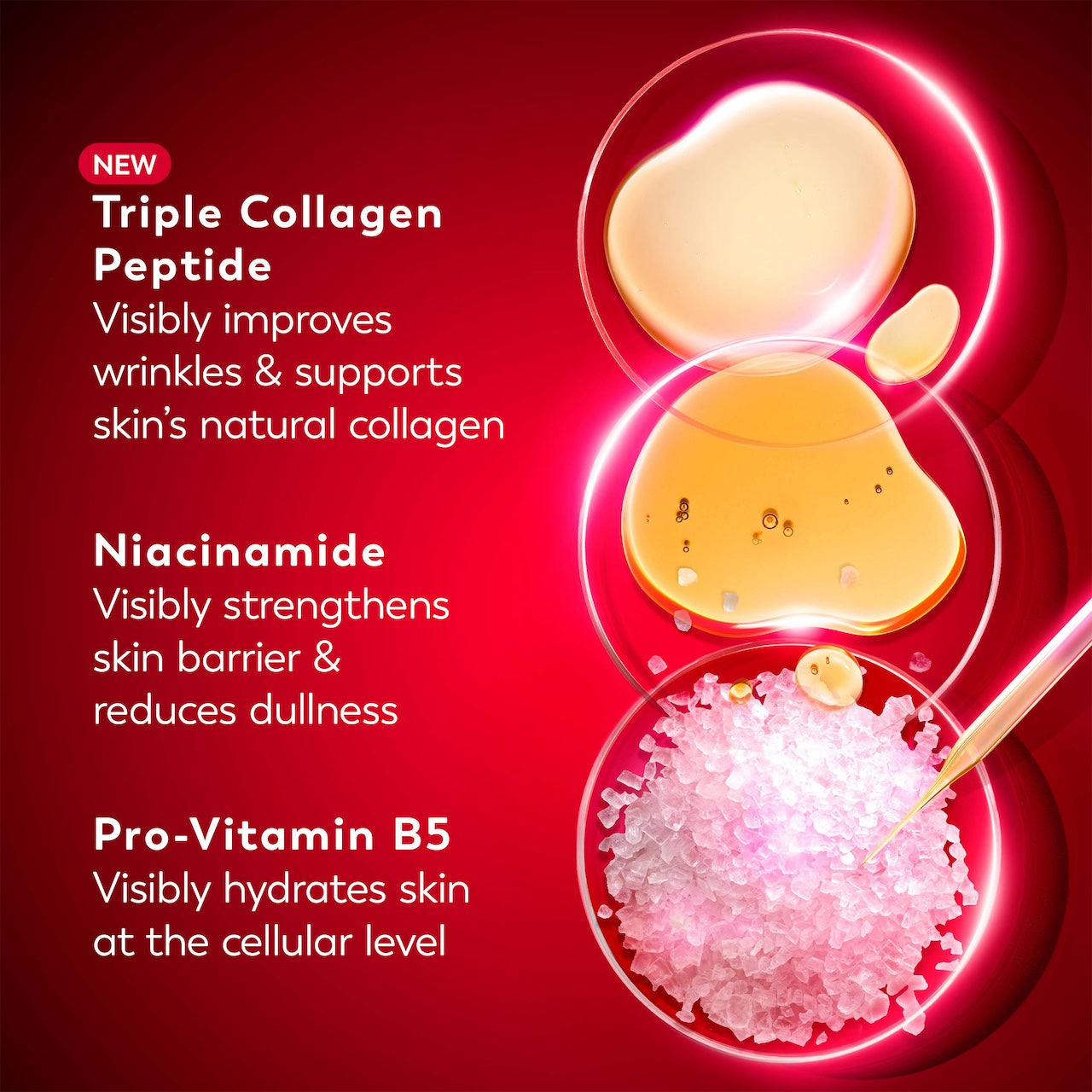 Ingredients. Triple Collagen Peptide visibly improves wrinkles and supports skin's natural collagen. Niacinamide visibly strengthens skin barrier and reduces dullness. Pro Vitamin B5 visibly hydrates skin at the cellular level. Ingredients. Triple Collagen Peptide visibly improves wrinkles and supports skin's natural collagen. Niacinamide visibly strengthens skin barrier and reduces dullness. Pro Vitamin B5 visibly hydrates skin at the cellular level.