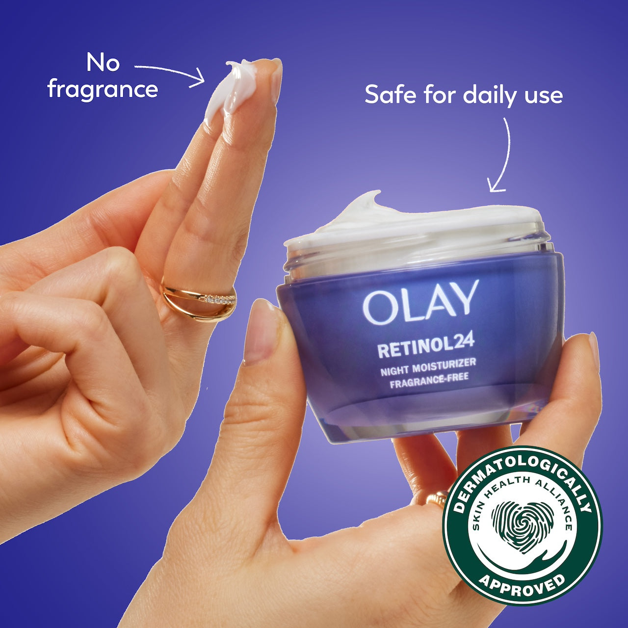Model dipping fingers in Olay Retinol 24 MAX Night Moisturizer cream. No fragrance. Safe for daily use. Dermatologically approved. Model dipping fingers in Olay Retinol 24 MAX Night Moisturizer cream. No fragrance. Safe for daily use. Dermatologically approved.