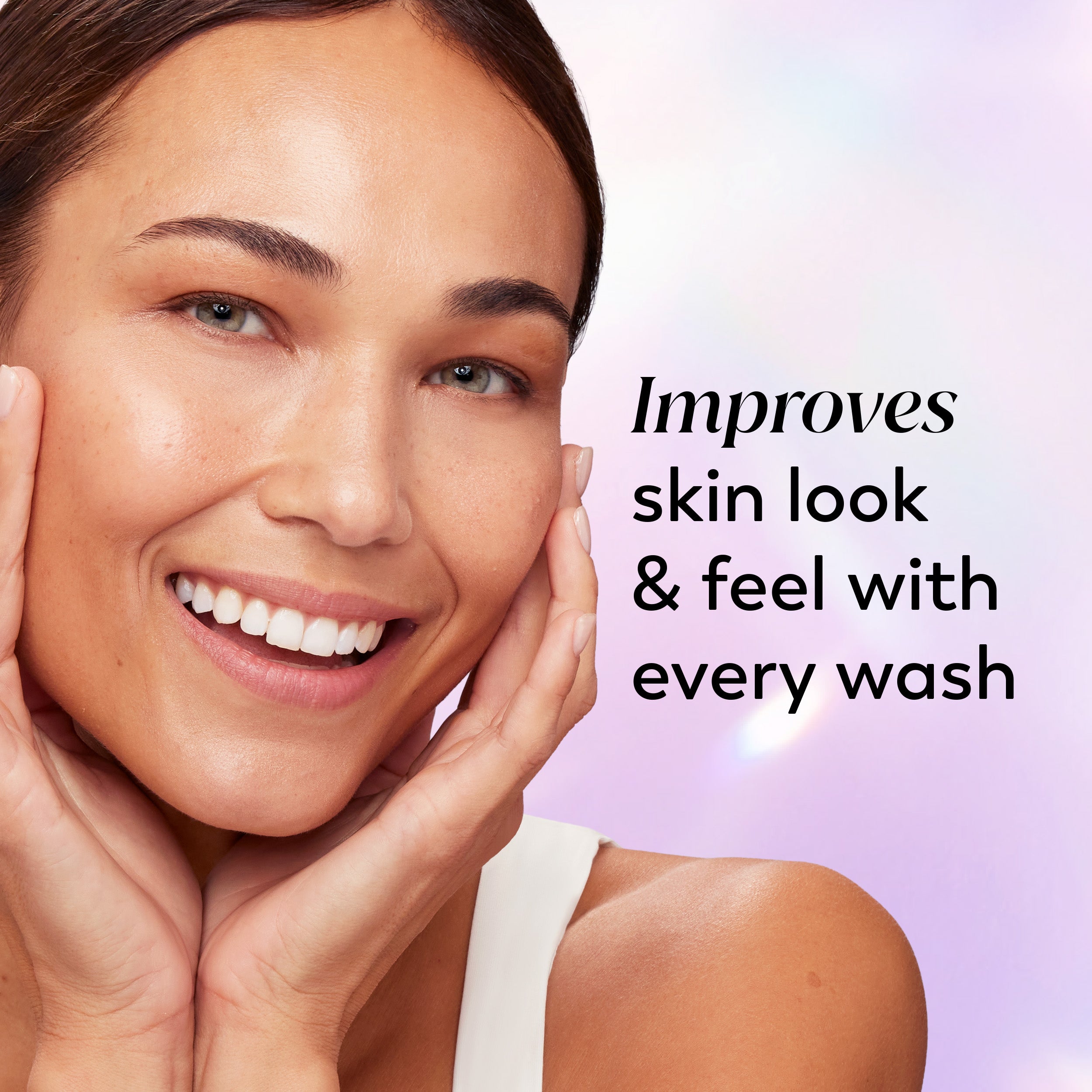 Model posing and smiling. Improves skin look and feel with every wash Model posing and smiling. Improves skin look and feel with every wash