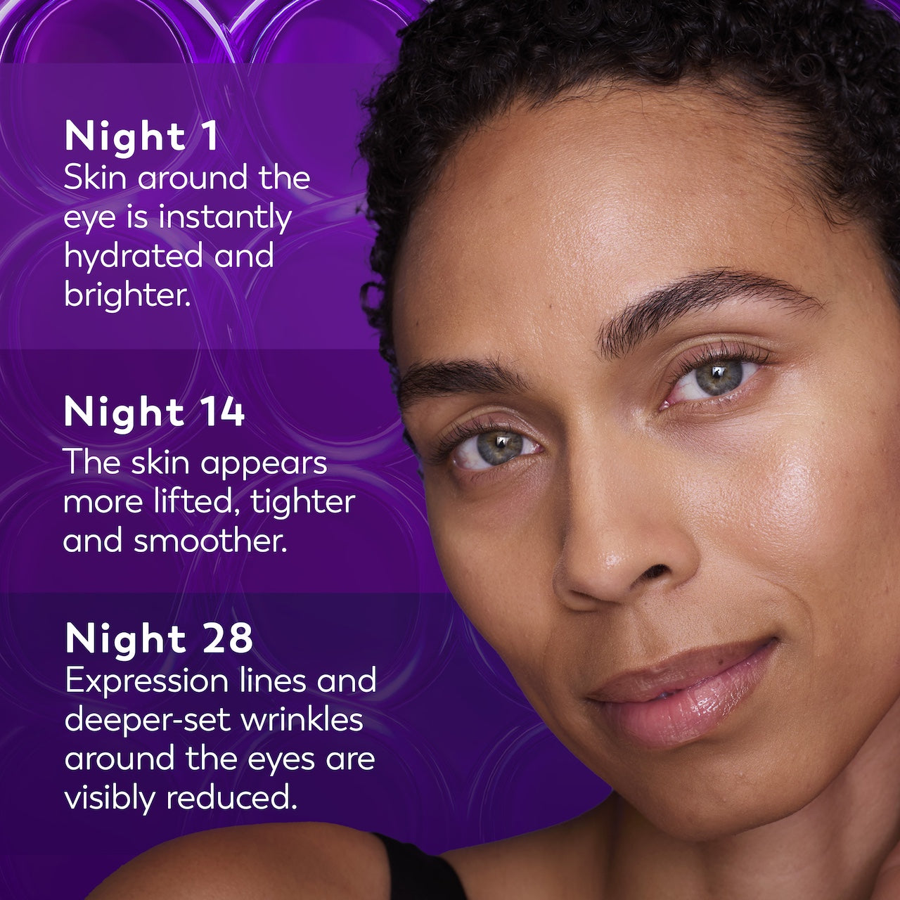 Model posing. Night 1 skin around the eye is instantly hydrated and brighter. Night 14 the skin appears more lifted , tighter and smoother. Night 28 expression lines and deeper set wrinkles around the eyes are visibly reduced. Model posing. Night 1 skin around the eye is instantly hydrated and brighter. Night 14 the skin appears more lifted , tighter and smoother. Night 28 expression lines and deeper set wrinkles around the eyes are visibly reduced.