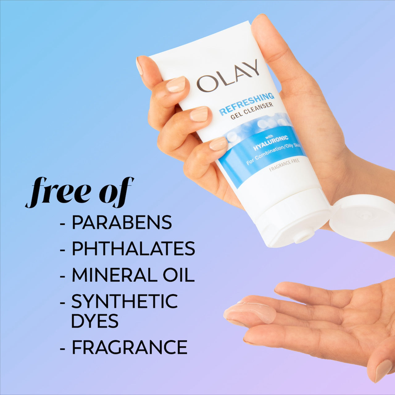Squeezing Hyaluronic cleanser into hand from bottle. Free of parabens, phthalates, mineral oil, synthetic dyes, fragrance Squeezing Hyaluronic cleanser into hand from bottle. Free of parabens, phthalates, mineral oil, synthetic dyes, fragrance