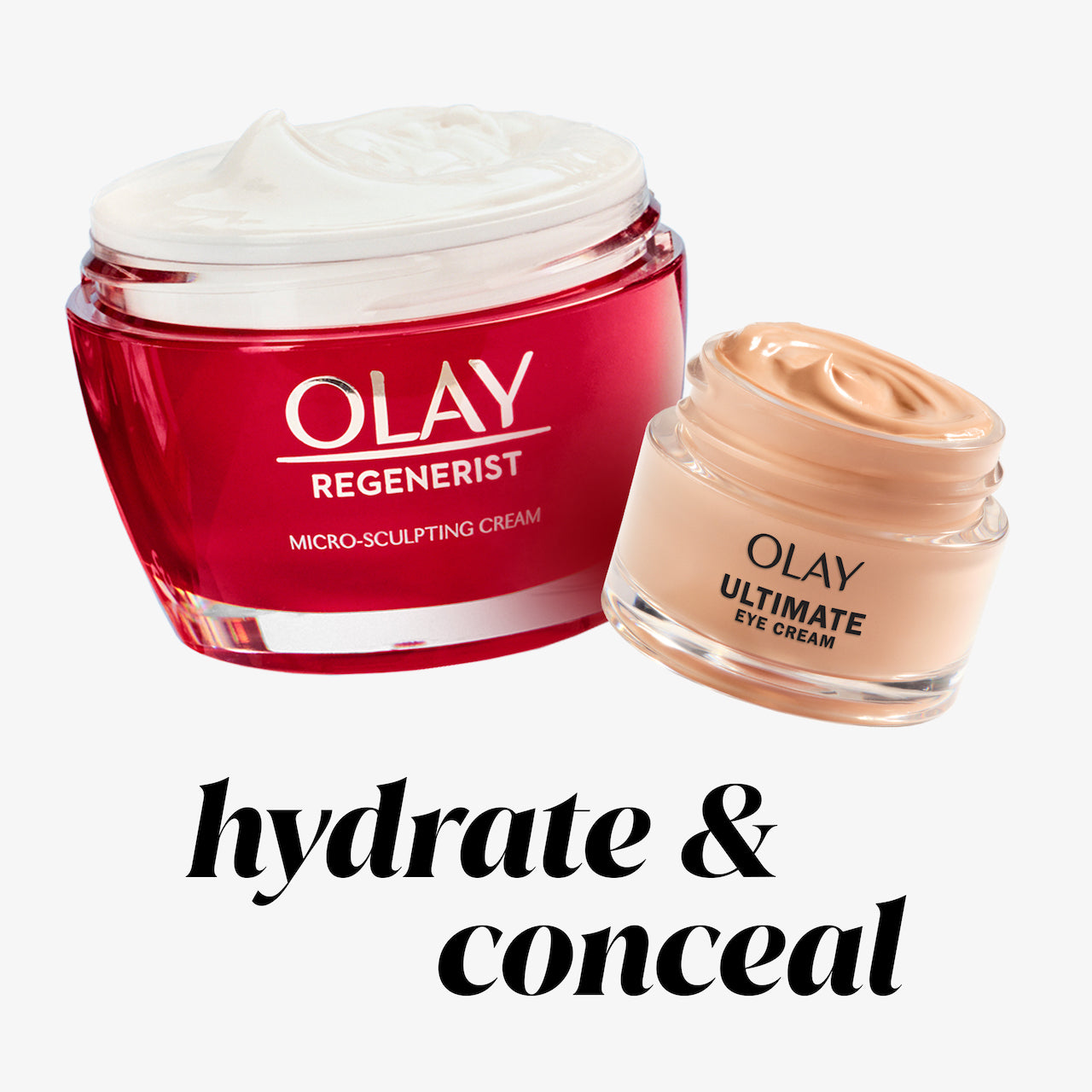 Olay Eyes Ultimate Eye Perfecting Cream jar and Micro Sculpting Cream Moisturizer jar. Hydrate and conceal. Olay Eyes Ultimate Eye Perfecting Cream jar and Micro Sculpting Cream Moisturizer jar. Hydrate and conceal.