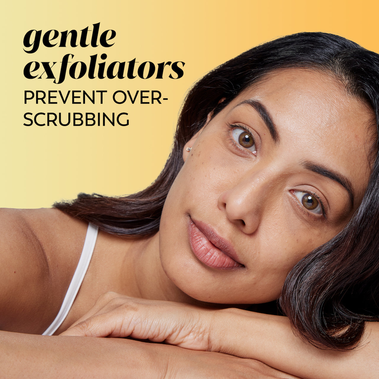 Model posing. Gentle exfoliators prevent over scrubbing. Model posing. Gentle exfoliators prevent over scrubbing.