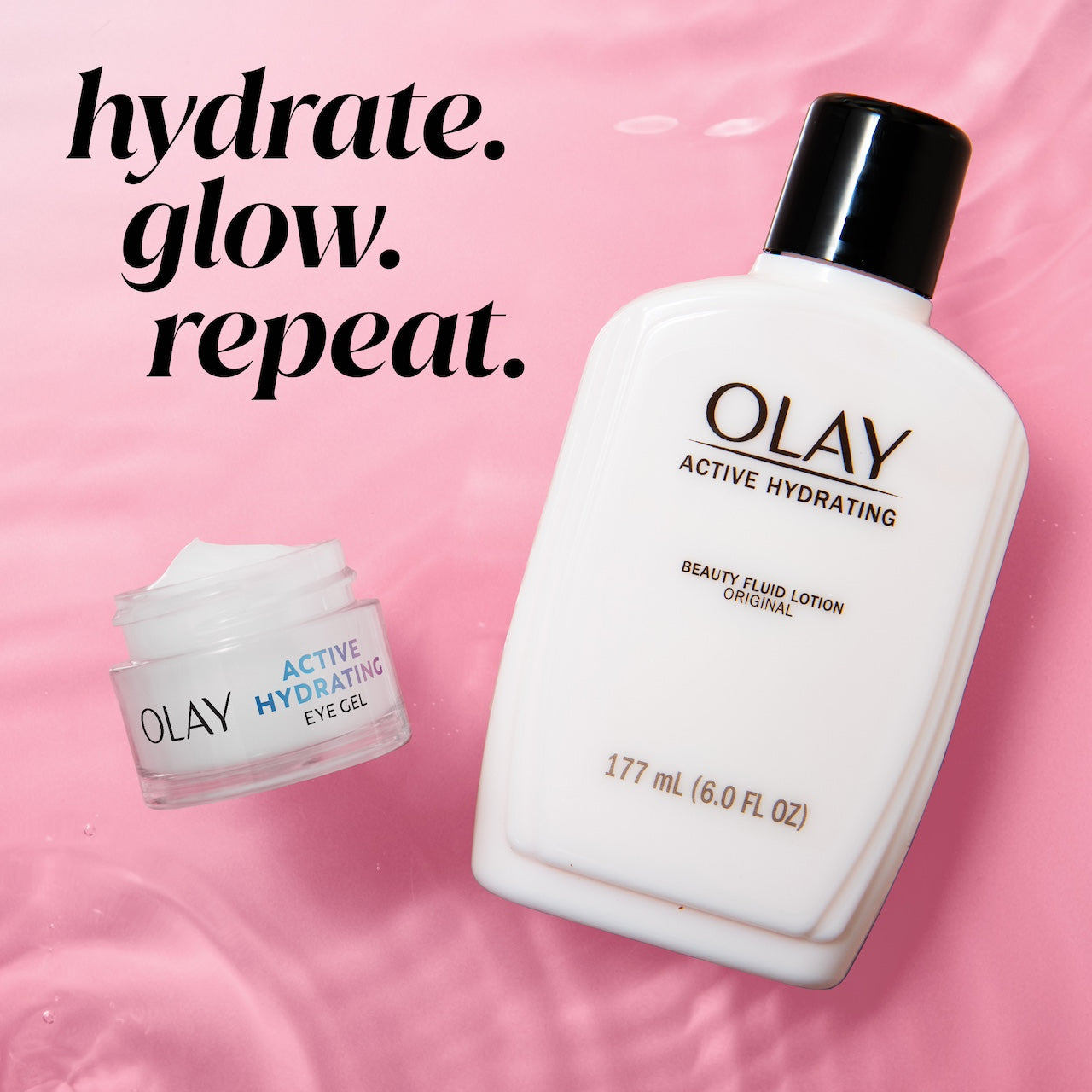Olay Active Hydrating Eye Cream jar and Active Hydrating beauty fluid original bottle. Hydrate, glow, repeat. Olay Active Hydrating Eye Cream jar and Active Hydrating beauty fluid original bottle. Hydrate, glow, repeat.