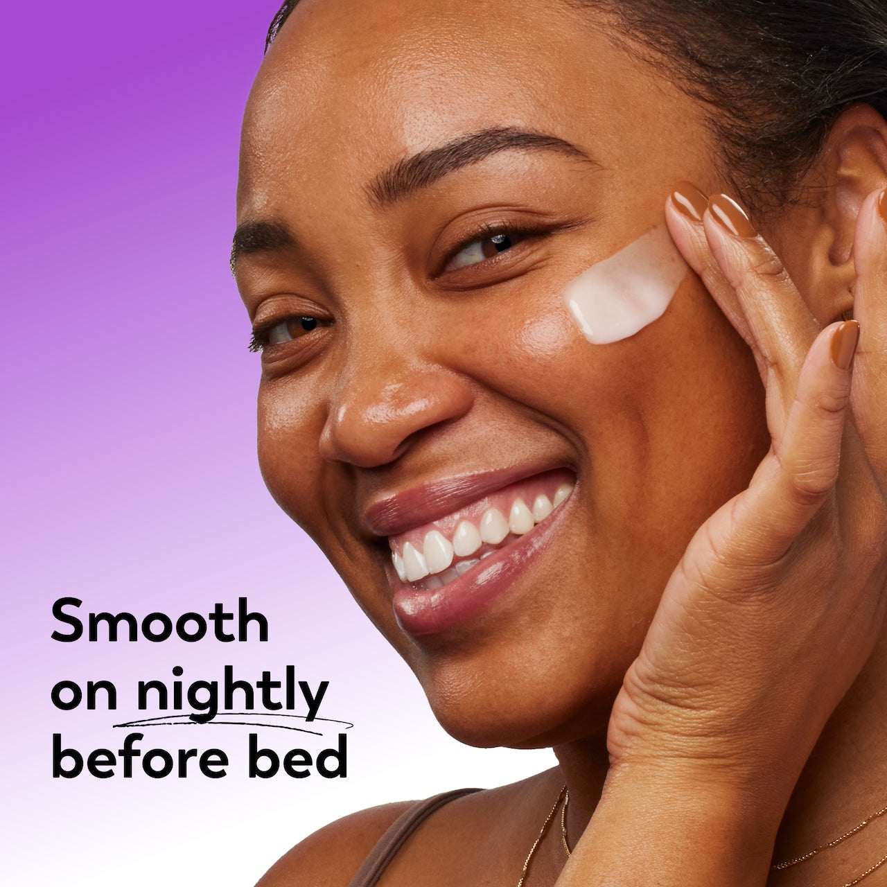 Woman applying cream to her face with a purple background and text about nightly use. Woman applying cream to her face with a purple background and text about nightly use.