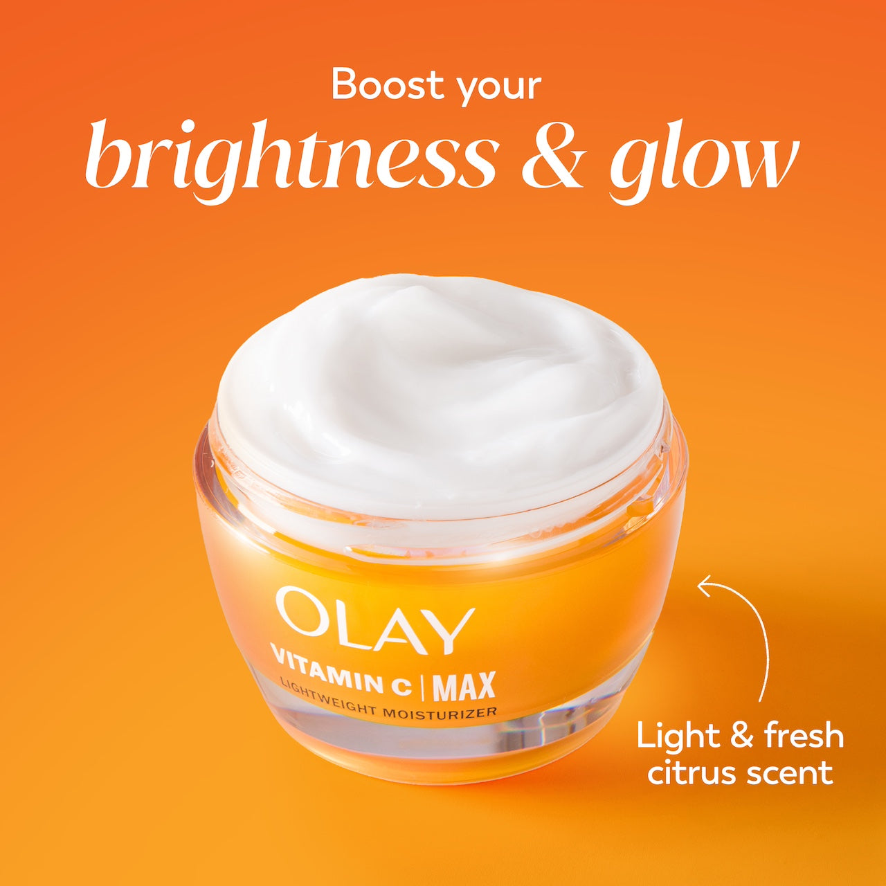 Vitamin C MAX Lightweight Hydrating Moisturizer jar. Boost your brightness and glow. Light and fresh citrus scent. Vitamin C MAX Lightweight Hydrating Moisturizer jar. Boost your brightness and glow. Light and fresh citrus scent.