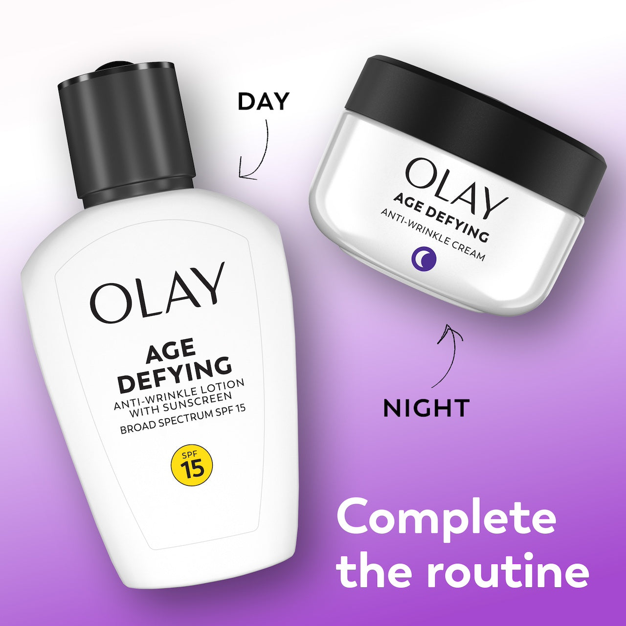 Olay Age Defying lotion and cream on a purple background Olay Age Defying lotion and cream on a purple background