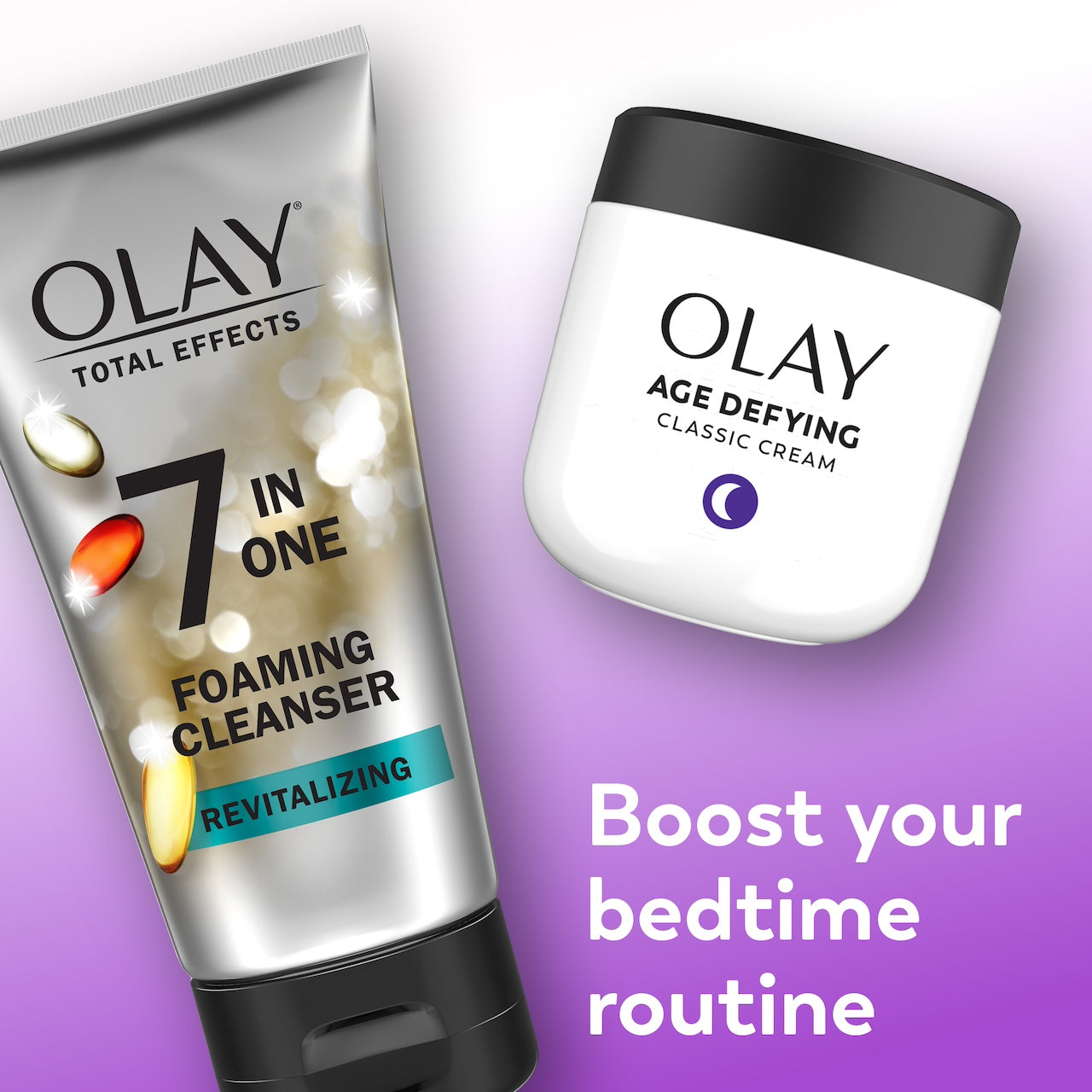Olay Total Effects Foaming Cleanser and Age Defying Classic Cream on a purple background Olay Total Effects Foaming Cleanser and Age Defying Classic Cream on a purple background