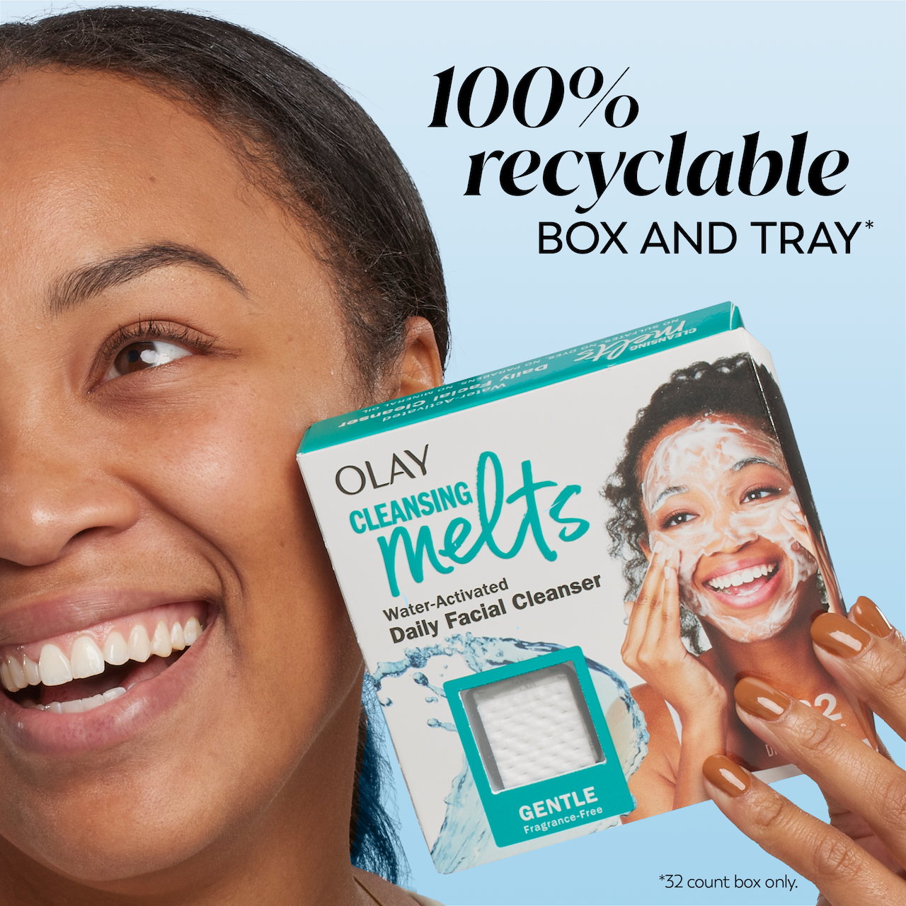 Model posing and smiling while holding gentle melts box. 100% recyclable box and tray. *32 count box only Model posing and smiling while holding gentle melts box. 100% recyclable box and tray. *32 count box only