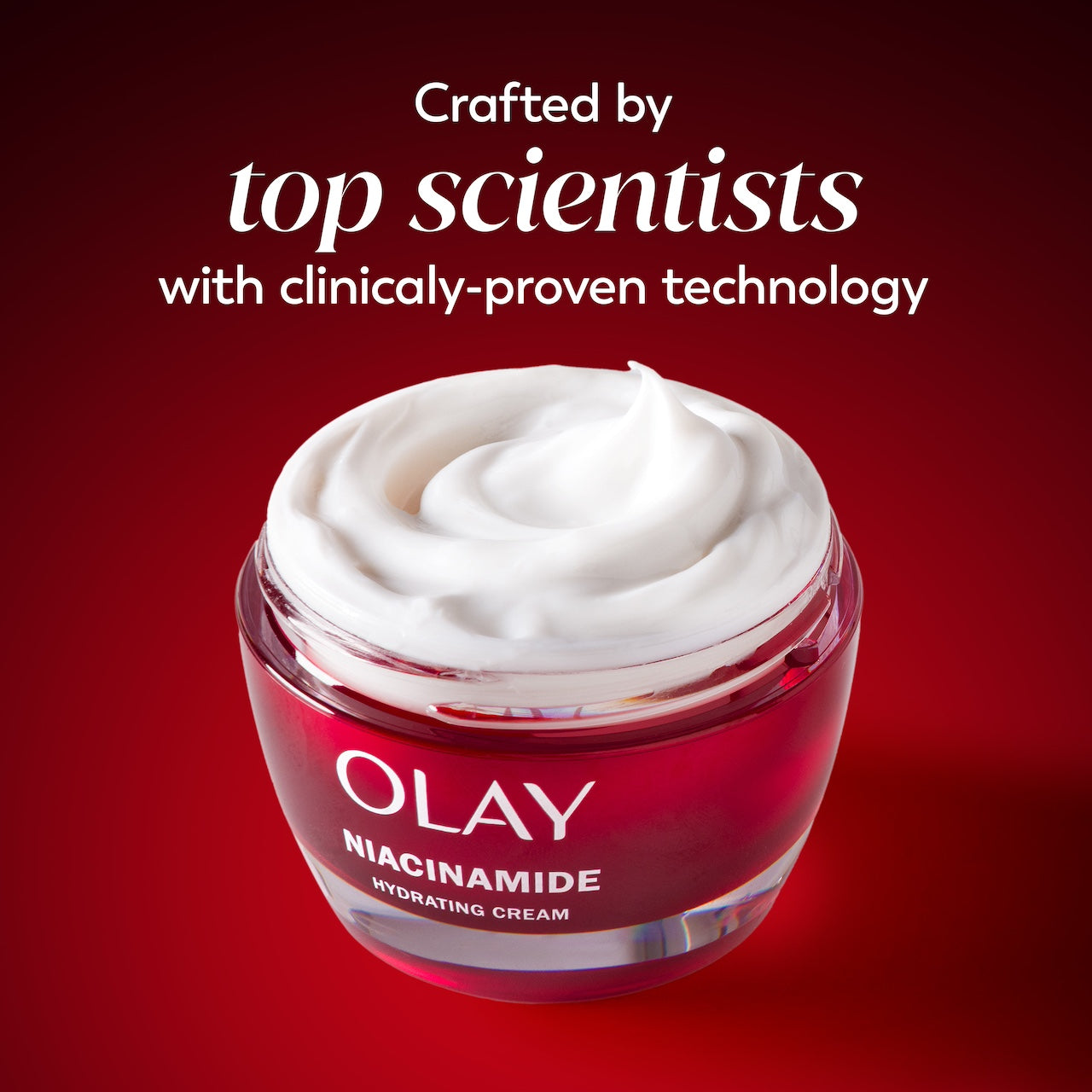 Olay Niacinamide Hydrating Cream jar. Crafted by top scientists with clinically proven technology. Olay Niacinamide Hydrating Cream jar. Crafted by top scientists with clinically proven technology.