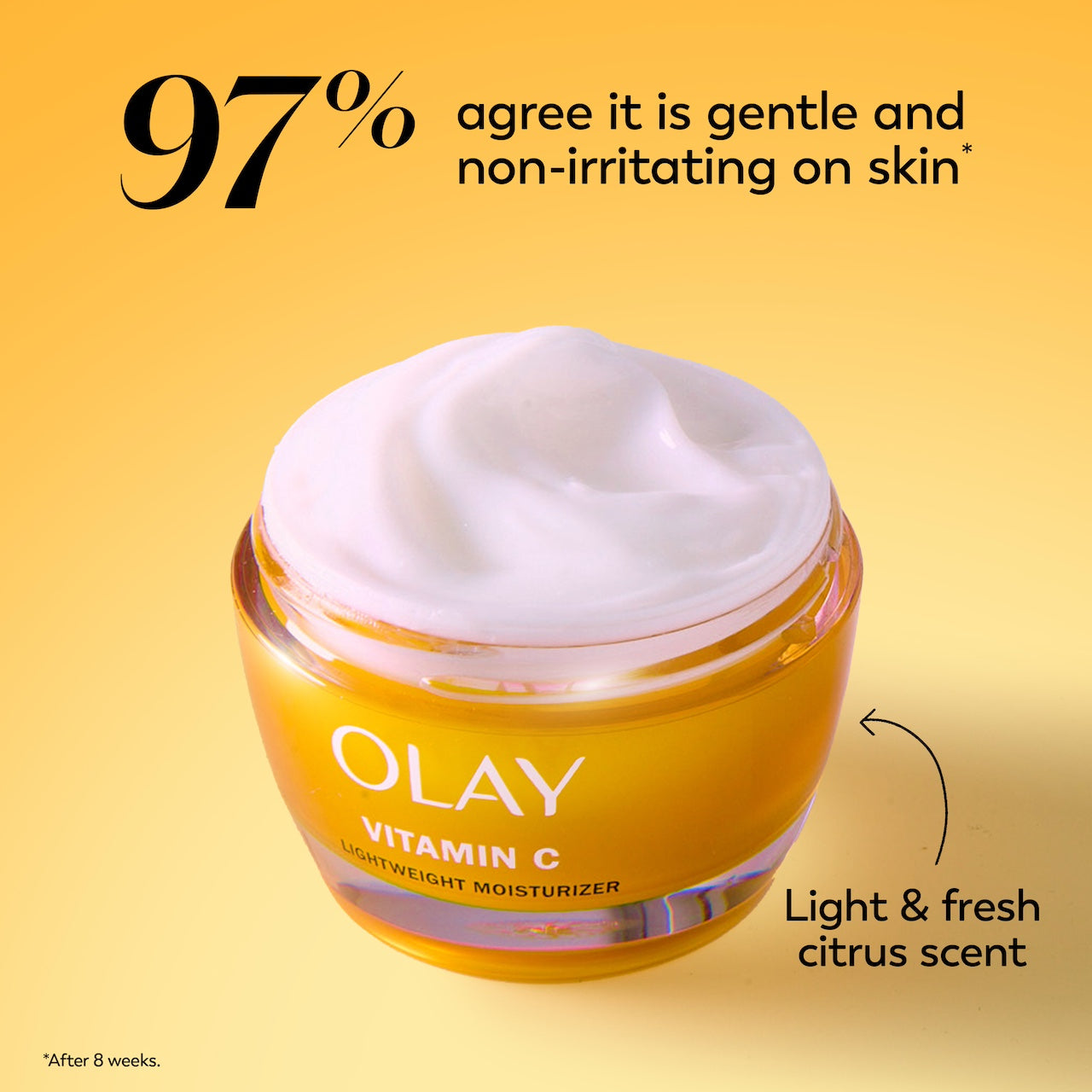 Olay Vitamin C Lightweight Hydrating Moisturizer jar. 97% agree it is gentle and non irritating on skin. Light and fresh citrus scent. Olay Vitamin C Lightweight Hydrating Moisturizer jar. 97% agree it is gentle and non irritating on skin. Light and fresh citrus scent.
