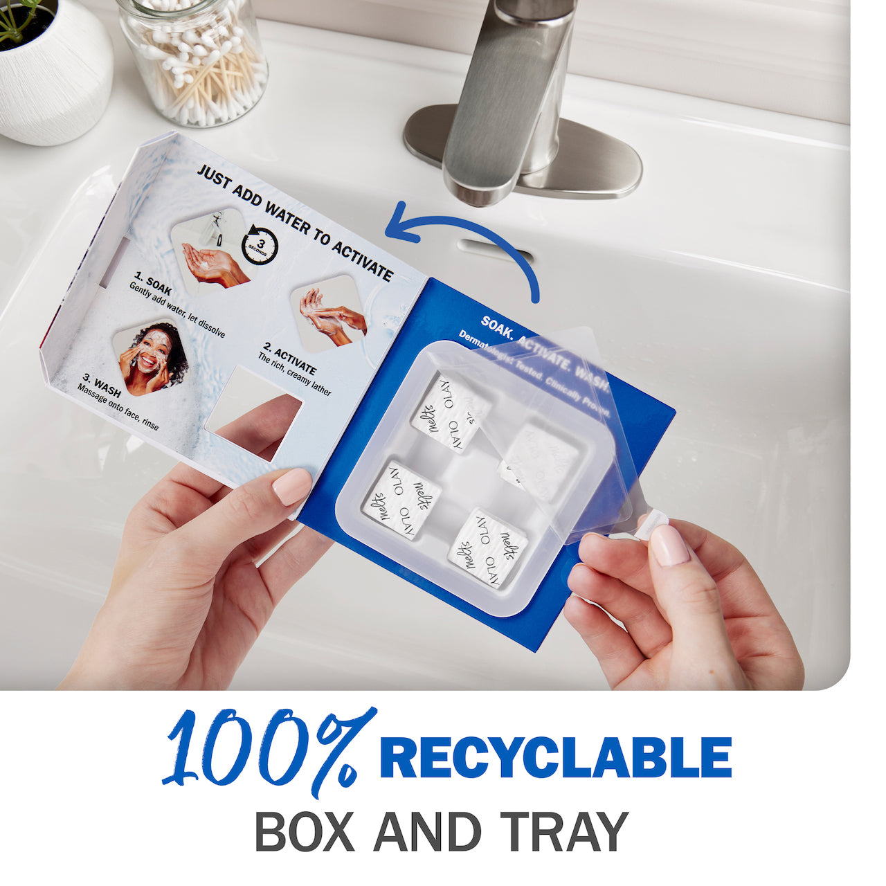 Model holding and open Cleansing Melts box in hands. 100% recyclable box and tray. Model holding and open Cleansing Melts box in hands. 100% recyclable box and tray.