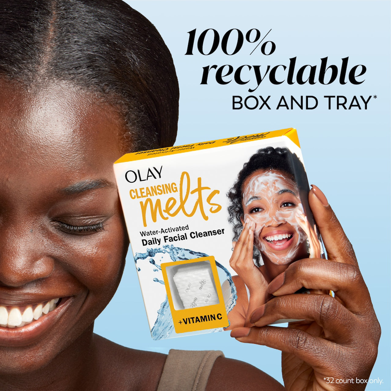 Model holding Cleansing Melts Vitamin C box. 100% recyclable box and tray. Model holding Cleansing Melts Vitamin C box. 100% recyclable box and tray.