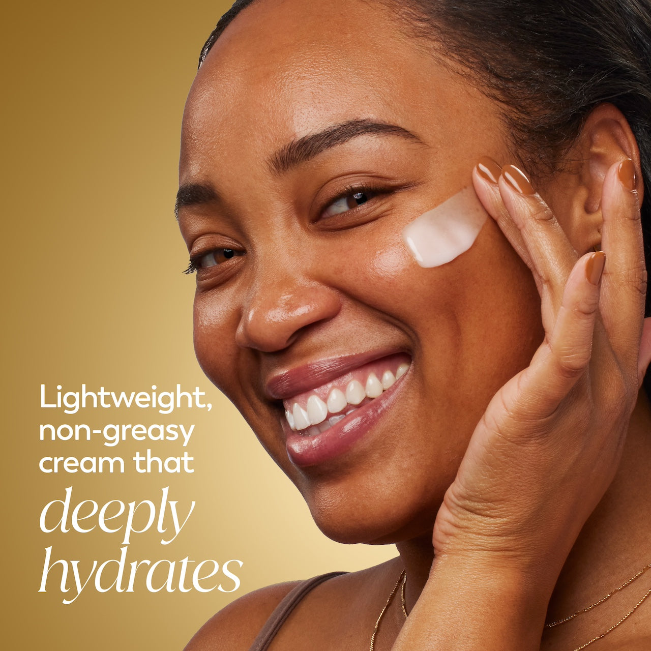 Model posing and smiling applying Collagen Peptide Moisturizing MAX Cream to face. Lightweight, non greasy cream that deeply hydrates. Model posing and smiling applying Collagen Peptide Moisturizing MAX Cream to face. Lightweight, non greasy cream that deeply hydrates.