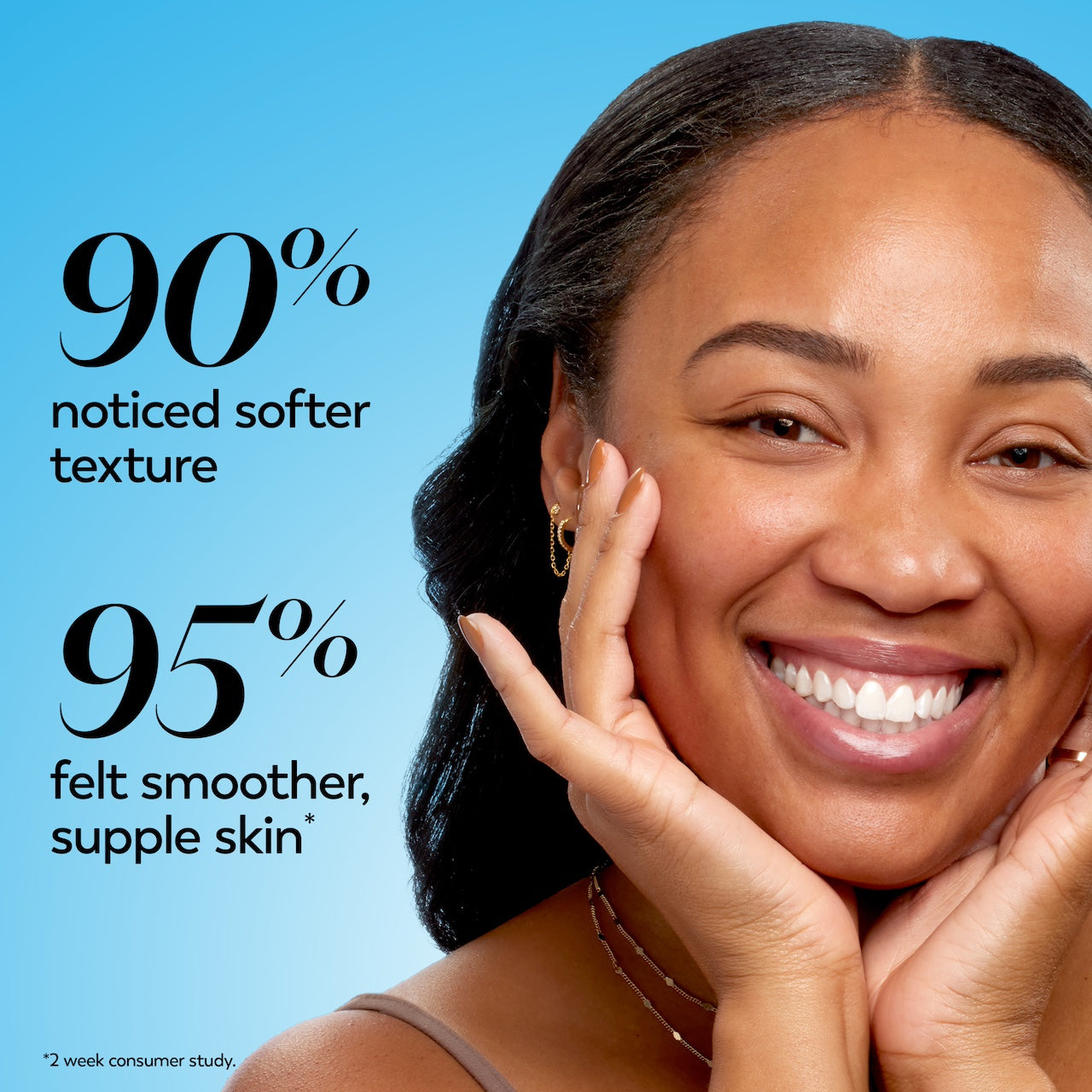 Model posing and smiling. 90% noticed softer texture. 95% felt smoother, supple skin* *2 week consumer study Model posing and smiling. 90% noticed softer texture. 95% felt smoother, supple skin* *2 week consumer study