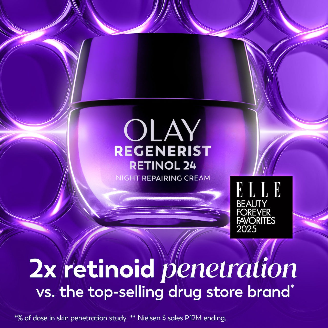 New Olay Retinol24 Night Moisturizer jar. 2x retinoid penetration vs the top selling drug store brand* *% of dose in skin penetration study **Nielsen $ sales P12M ending. Elle Beauty Forever Favorites 2025 New Olay Retinol24 Night Moisturizer jar. 2x retinoid penetration vs the top selling drug store brand* *% of dose in skin penetration study **Nielsen $ sales P12M ending. Elle Beauty Forever Favorites 2025