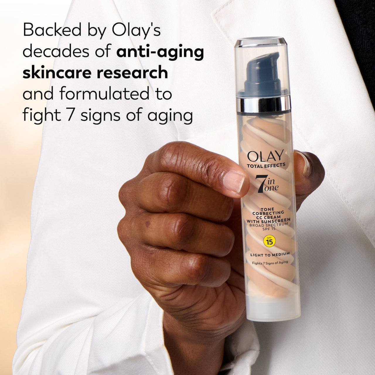 Total Effects 7 In One CC Tone Correcting Moisturizer SPF 15 bottle n hand. Backed by Olay's decades of anti aging skincare research and formulated to fight 7 signs of aging Total Effects 7 In One CC Tone Correcting Moisturizer SPF 15 bottle n hand. Backed by Olay's decades of anti aging skincare research and formulated to fight 7 signs of aging
