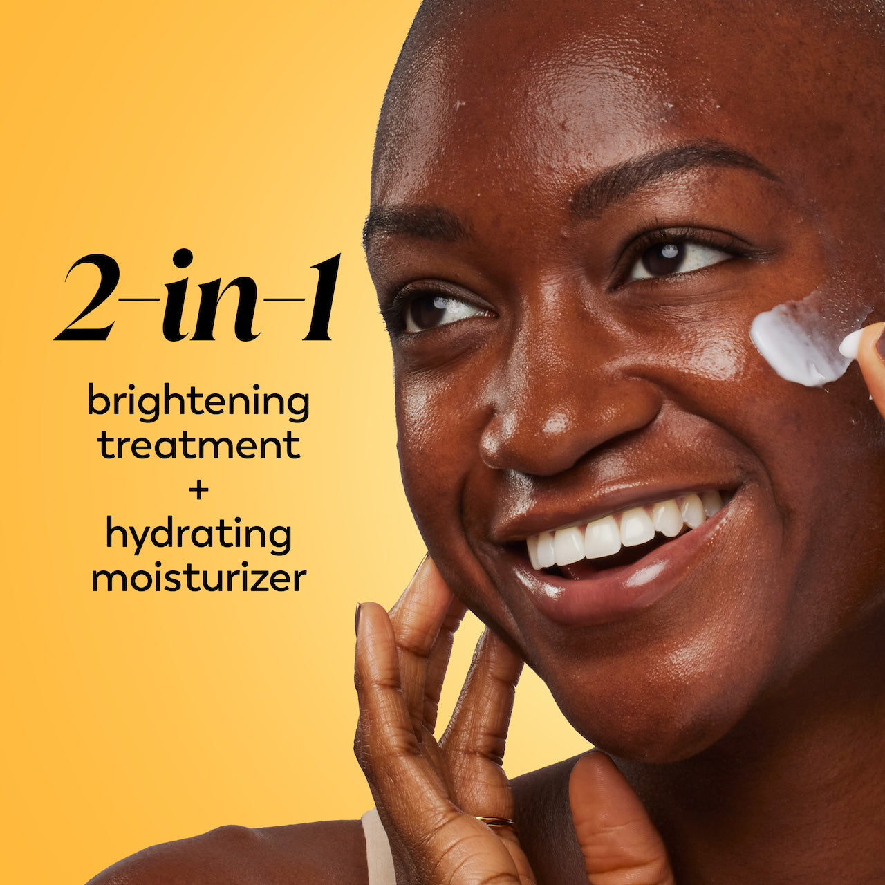 Model posing and smiling applying Olay Vitamin C Lightweight Hydrating Moisturizer to face. 2 in 1 brightening treatment plus hydrating moisturizer Model posing and smiling applying Olay Vitamin C Lightweight Hydrating Moisturizer to face. 2 in 1 brightening treatment plus hydrating moisturizer