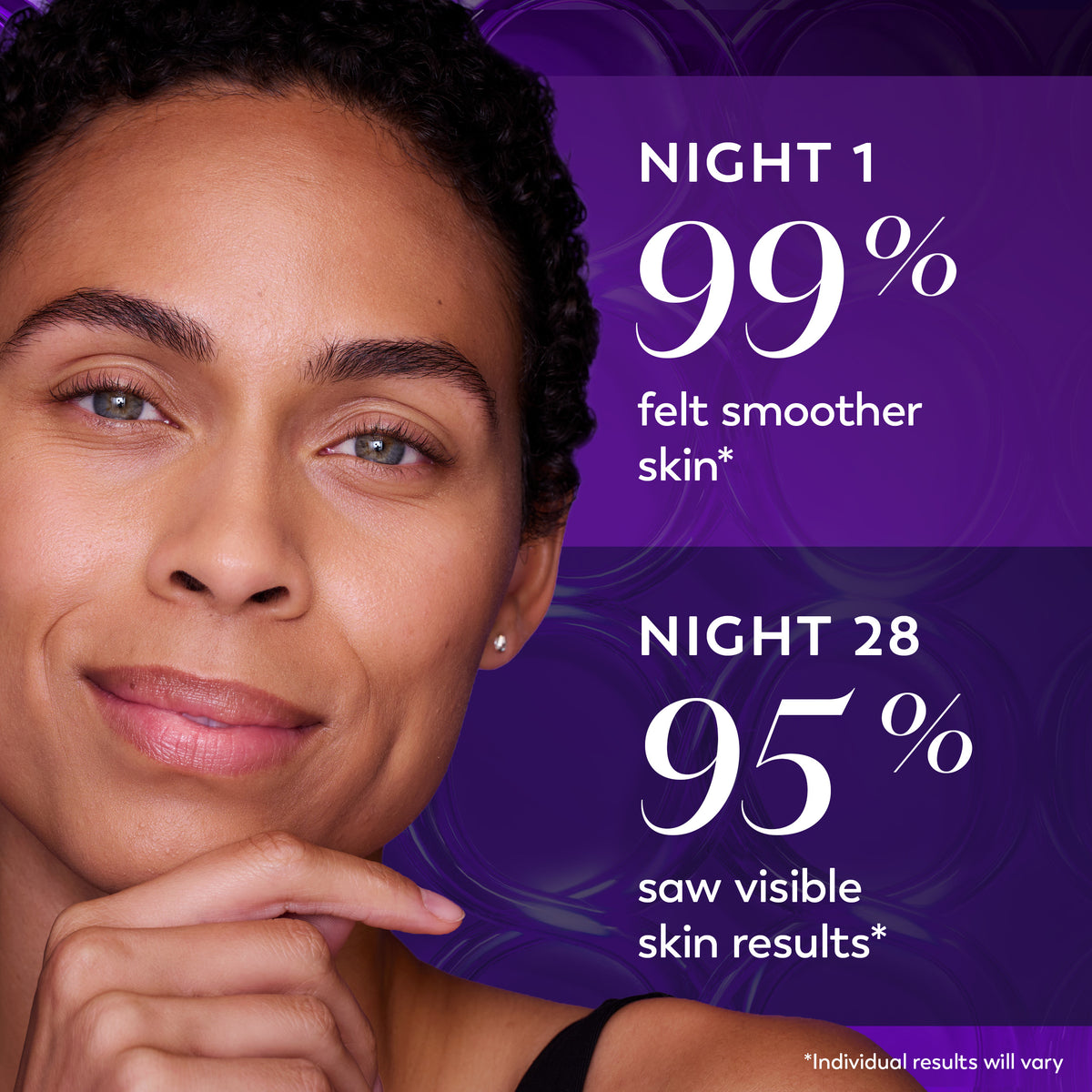 Close-up of a woman's face on a purple promotional graphic with text reading 'NIGHT 1 99% felt smoother skin' and 'NIGHT 28 95% saw visible skin results'. Close-up of a woman's face on a purple promotional graphic with text reading 'NIGHT 1 99% felt smoother skin' and 'NIGHT 28 95% saw visible skin results'.