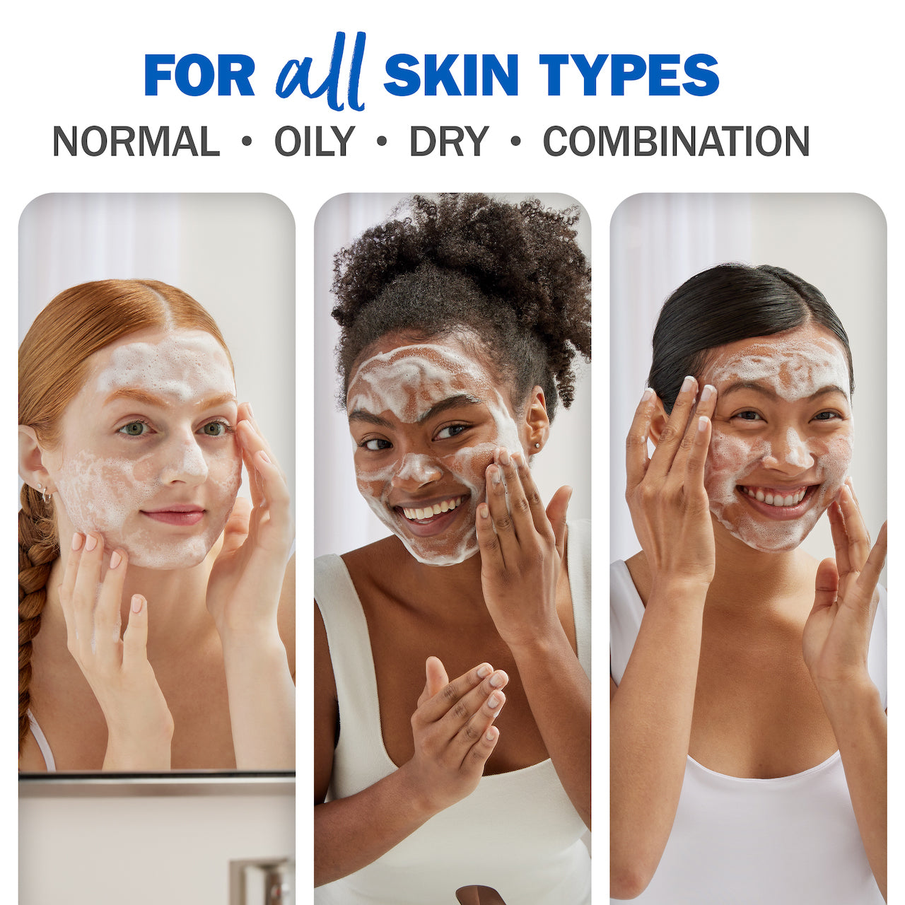 3 separate images of models applying Cleaning Melts to face. For all skin types. Normal, oily, dry, combination. 3 separate images of models applying Cleaning Melts to face. For all skin types. Normal, oily, dry, combination.