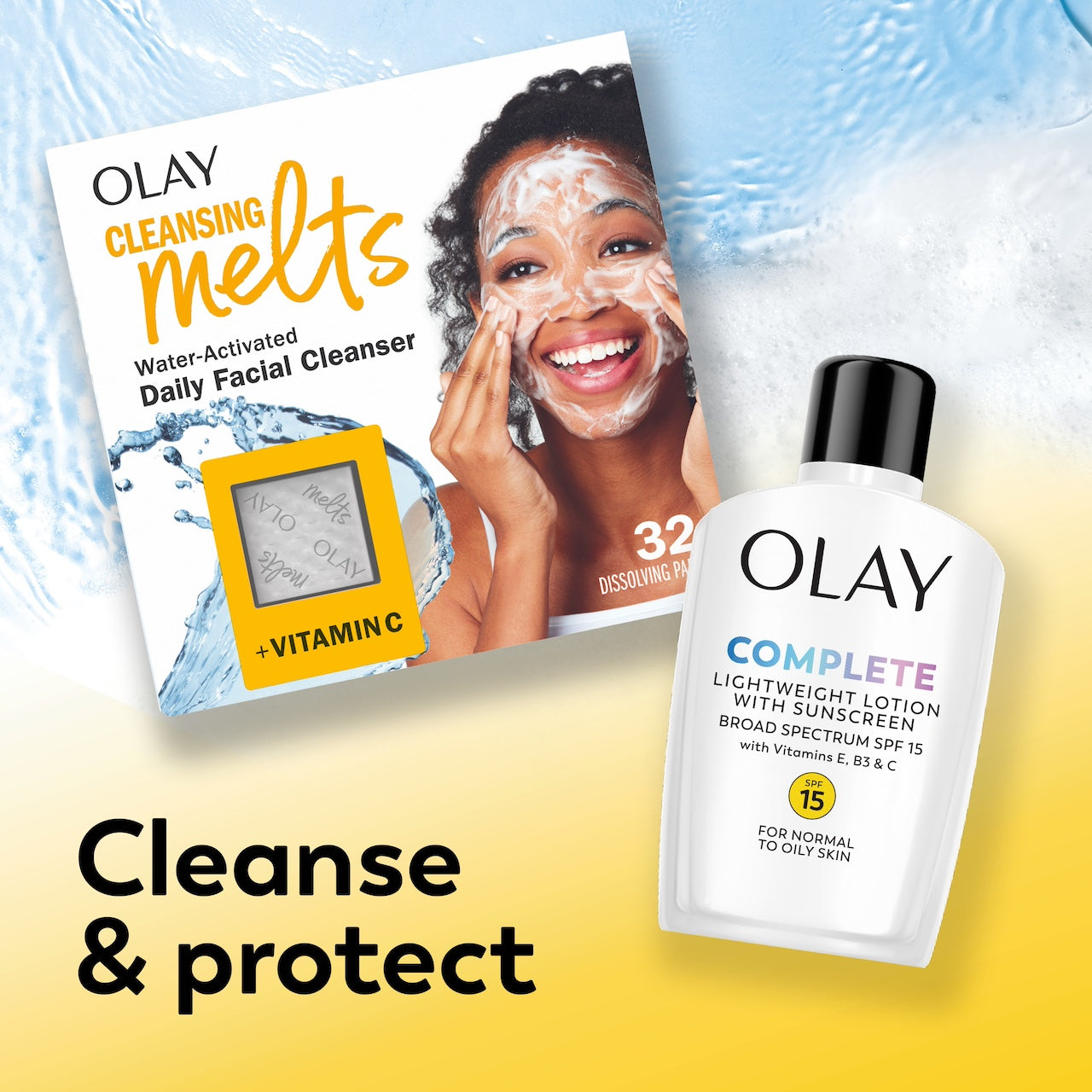 Olay Complete Lotion Moisturizer with SPF 15 Normal bottle and Vitamin C melts box. Cleanse and protect Olay Complete Lotion Moisturizer with SPF 15 Normal bottle and Vitamin C melts box. Cleanse and protect