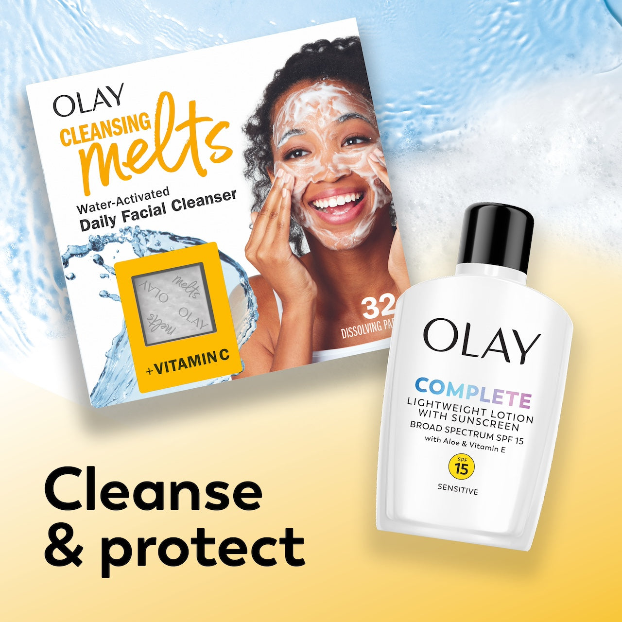 Olay Complete Lotion Moisturizer with SPF 15 Sensitive bottle and Vitamin C melts box. Cleanse and Protect Olay Complete Lotion Moisturizer with SPF 15 Sensitive bottle and Vitamin C melts box. Cleanse and Protect