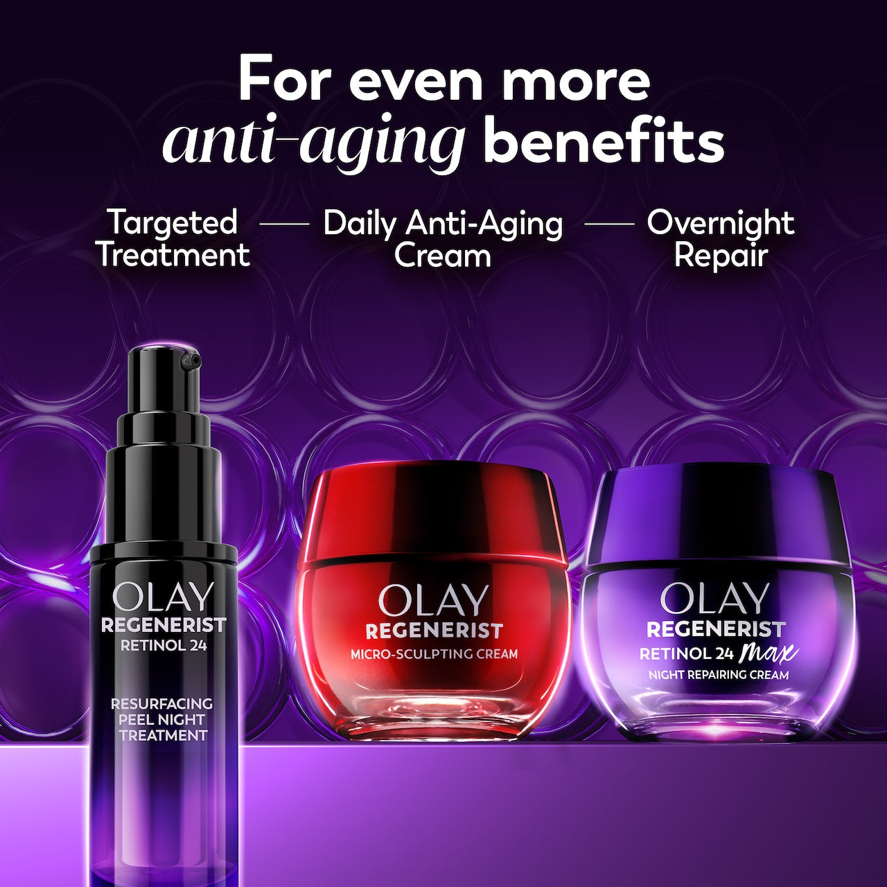 Lineup of New Olay Retinol24 Max Night Moisturizer and Micro-Sculpting Cream Jars and Retinol Resurfacing peel night treatment bottle. For even more anti aging benefits. Targeted Treatment, Daily Anti Aging Cream, Overnight Repair, Lineup of New Olay Retinol24 Max Night Moisturizer and Micro-Sculpting Cream Jars and Retinol Resurfacing peel night treatment bottle. For even more anti aging benefits. Targeted Treatment, Daily Anti Aging Cream, Overnight Repair,