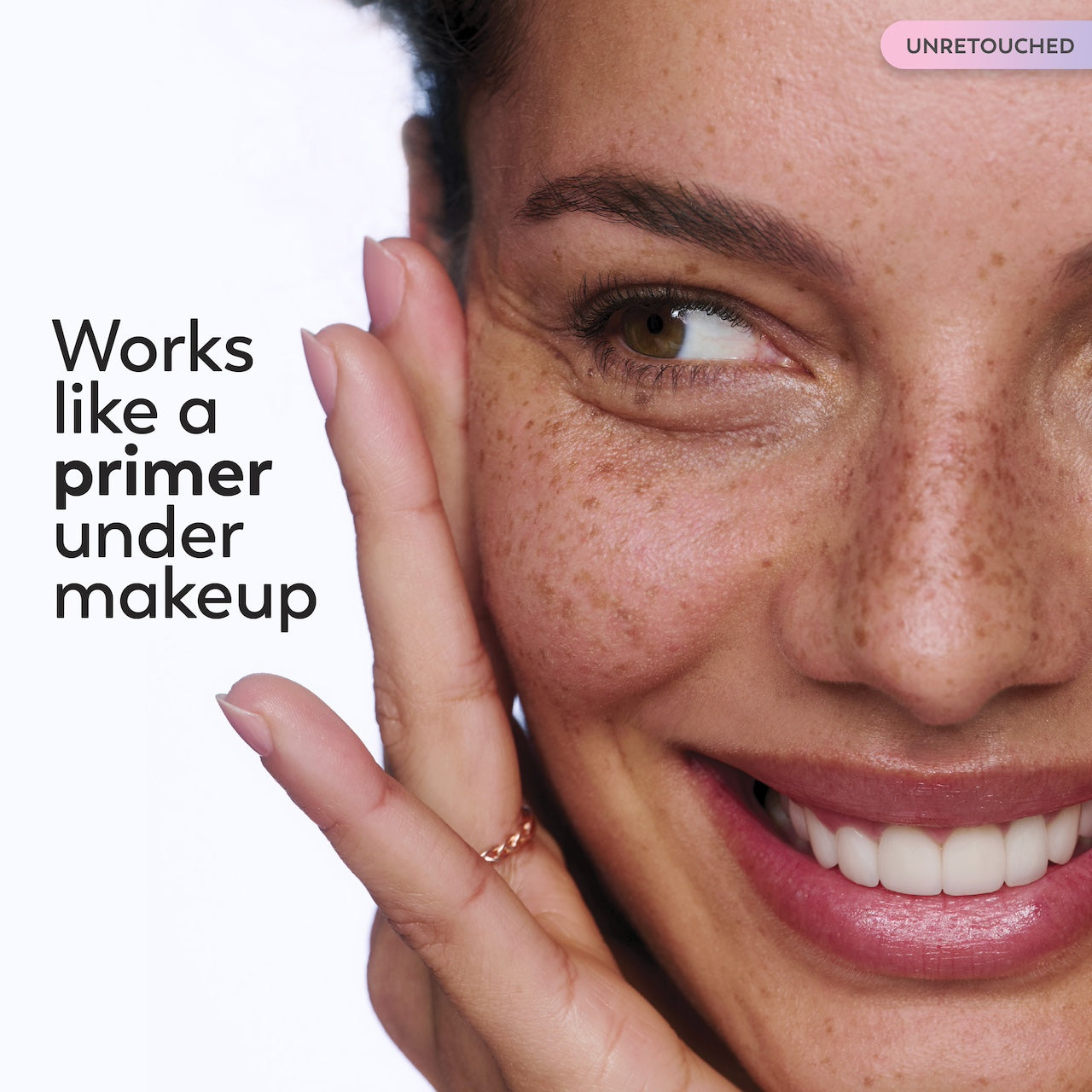 Model posing with hand on face. Works like a primer under makeup. Model posing with hand on face. Works like a primer under makeup.