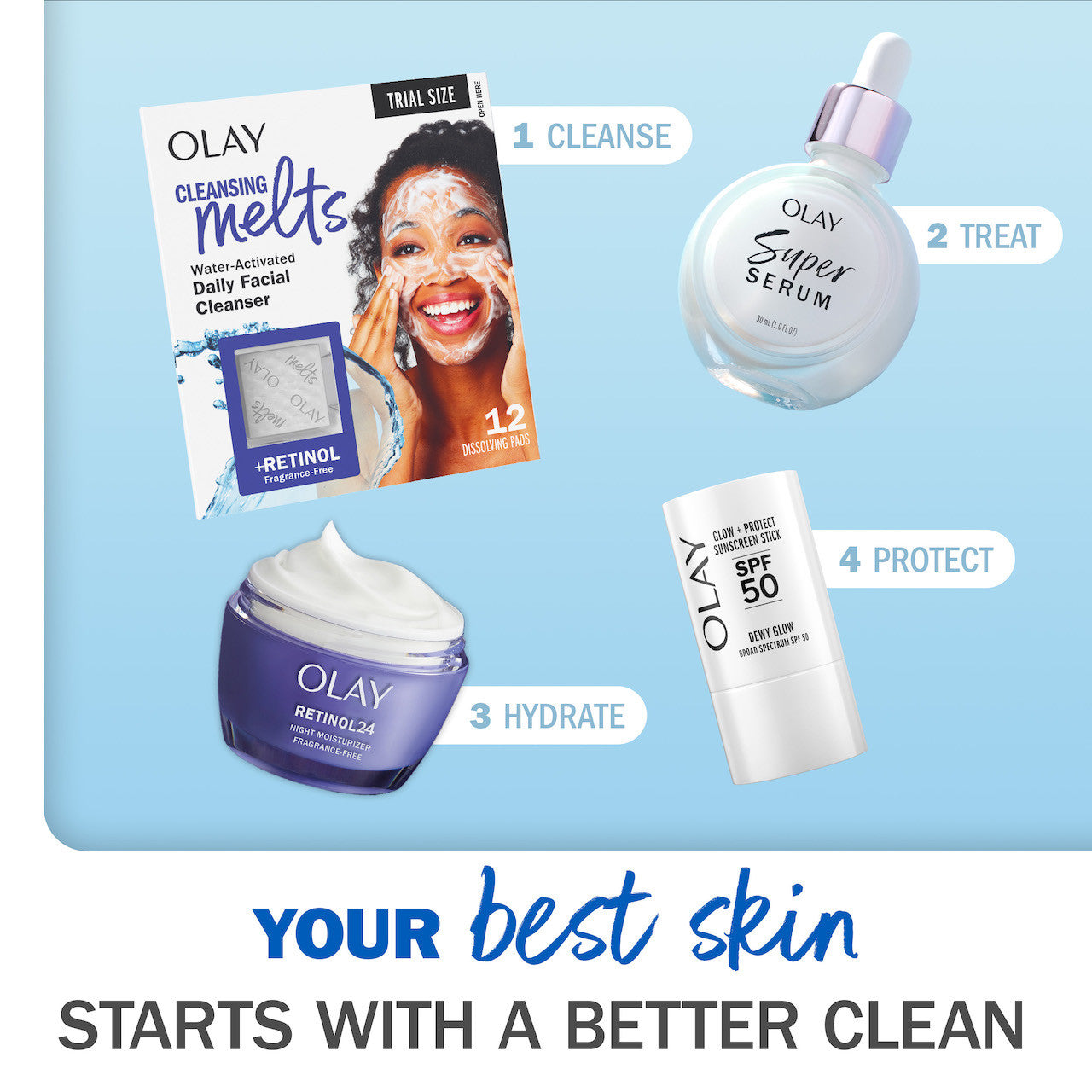 Your best skin starts with a better clean. 1 Cleanse, Showing a box of Cleansing Melts. 2 treat showing a bottle of Super Serum. 3 Hydrate showing a jar of Retinol 24 Face Moisturizer. 4 Protect showing a bottle of SPF 50 sunscreen Your best skin starts with a better clean. 1 Cleanse, Showing a box of Cleansing Melts. 2 treat showing a bottle of Super Serum. 3 Hydrate showing a jar of Retinol 24 Face Moisturizer. 4 Protect showing a bottle of SPF 50 sunscreen