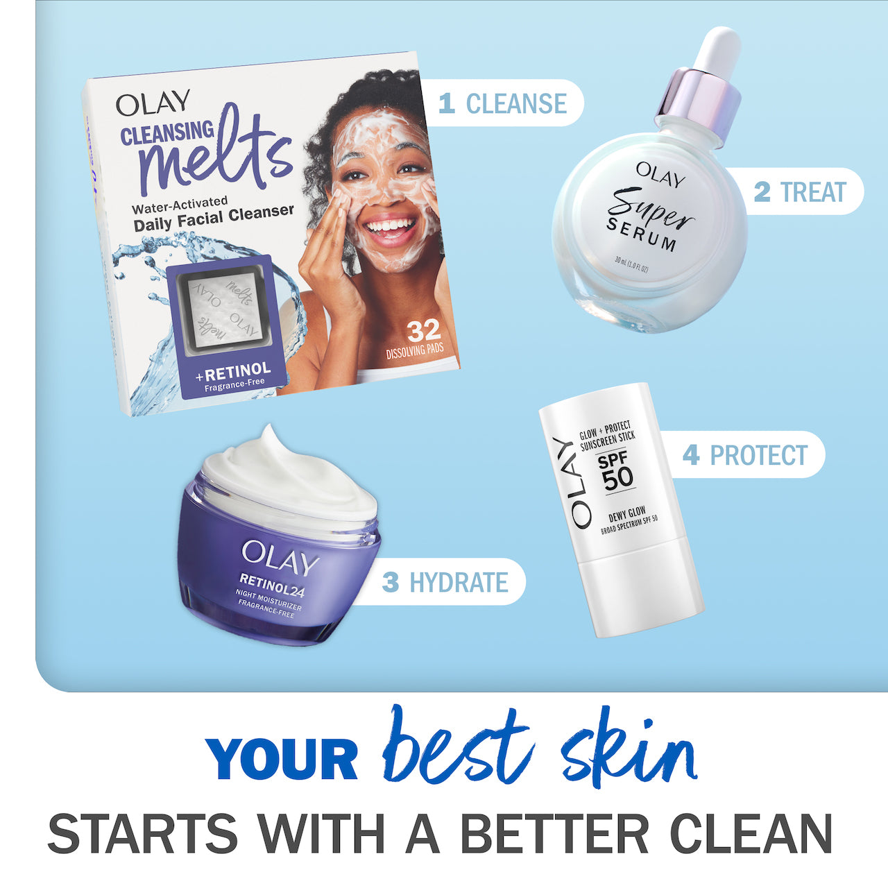 Your best skin starts with a better clean. 1 Cleanse, Showing a box of Cleansing Melts. 2 treat showing a bottle of Super Serum. 3 Hydrate showing a jar of Retinol 24 Face Moisturizer. 4 Protect showing a bottle of SPF 50 sunscreen Your best skin starts with a better clean. 1 Cleanse, Showing a box of Cleansing Melts. 2 treat showing a bottle of Super Serum. 3 Hydrate showing a jar of Retinol 24 Face Moisturizer. 4 Protect showing a bottle of SPF 50 sunscreen