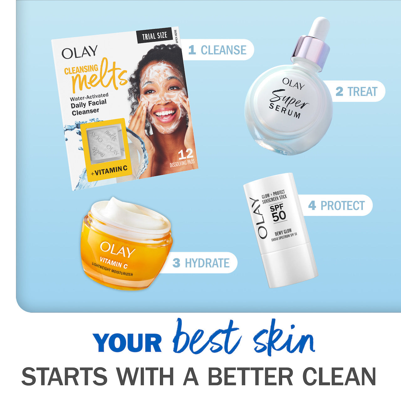 Your best skin starts with a better clean. 1 Cleanse, Showing a box of Cleansing Melts. 2 treat showing a bottle of Super Serum. 3 Hydrate showing a jar of Vitamin C Face Moisturizer. 4 Protect showing a bottle of SPF 50 sunscreen Your best skin starts with a better clean. 1 Cleanse, Showing a box of Cleansing Melts. 2 treat showing a bottle of Super Serum. 3 Hydrate showing a jar of Vitamin C Face Moisturizer. 4 Protect showing a bottle of SPF 50 sunscreen