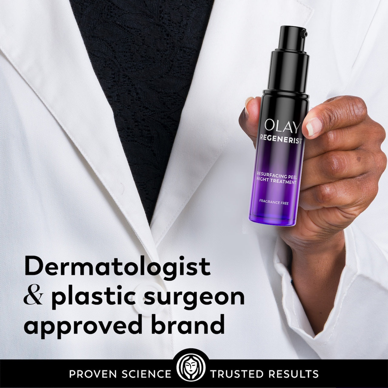 Model posing in lab coat holding Regenerist resurfacing peel Night Treatment bottle. Dermatologist and plastic surgeon approved brand. Model posing in lab coat holding Regenerist resurfacing peel Night Treatment bottle. Dermatologist and plastic surgeon approved brand.