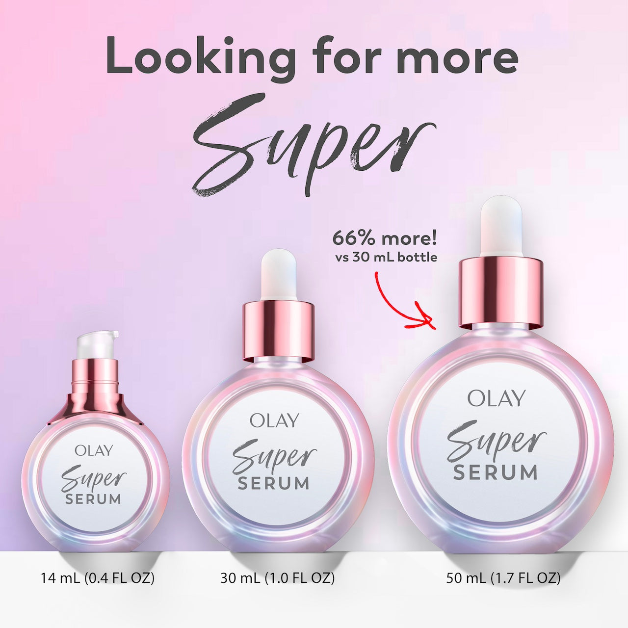 3 Super Serum jar lineup. Trial size, regular size and super size. Looking for more Super. 66% more in super size jar vs 30 ml jar. 3 Super Serum jar lineup. Trial size, regular size and super size. Looking for more Super. 66% more in super size jar vs 30 ml jar.
